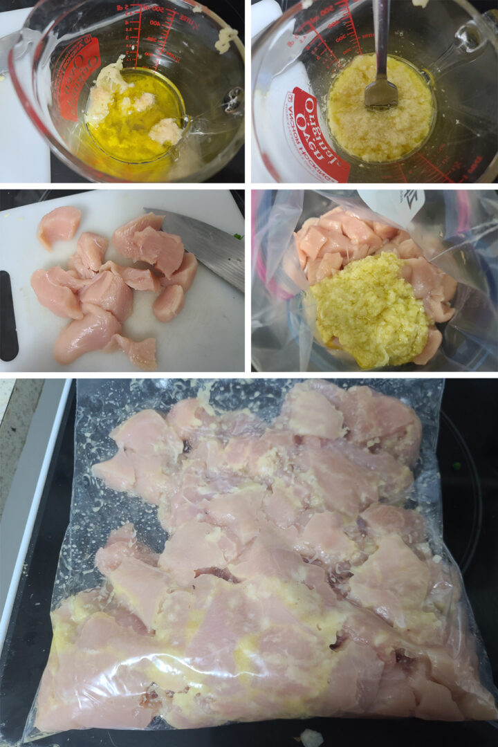 A 5 part image showing the marinade being made and poured into a baggie with chunks of chicken.