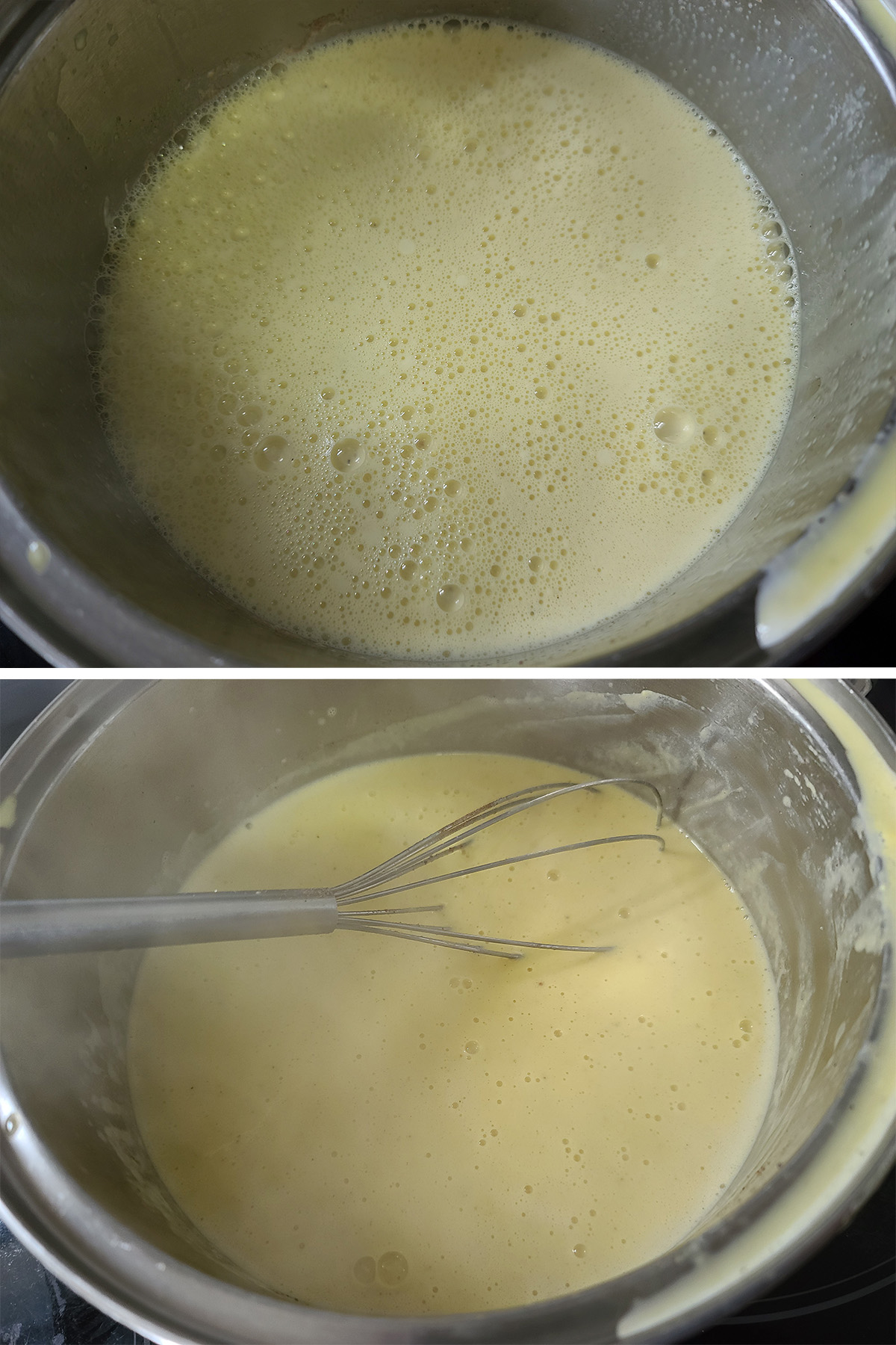A two part image showing the eggnog cooking and thickening.