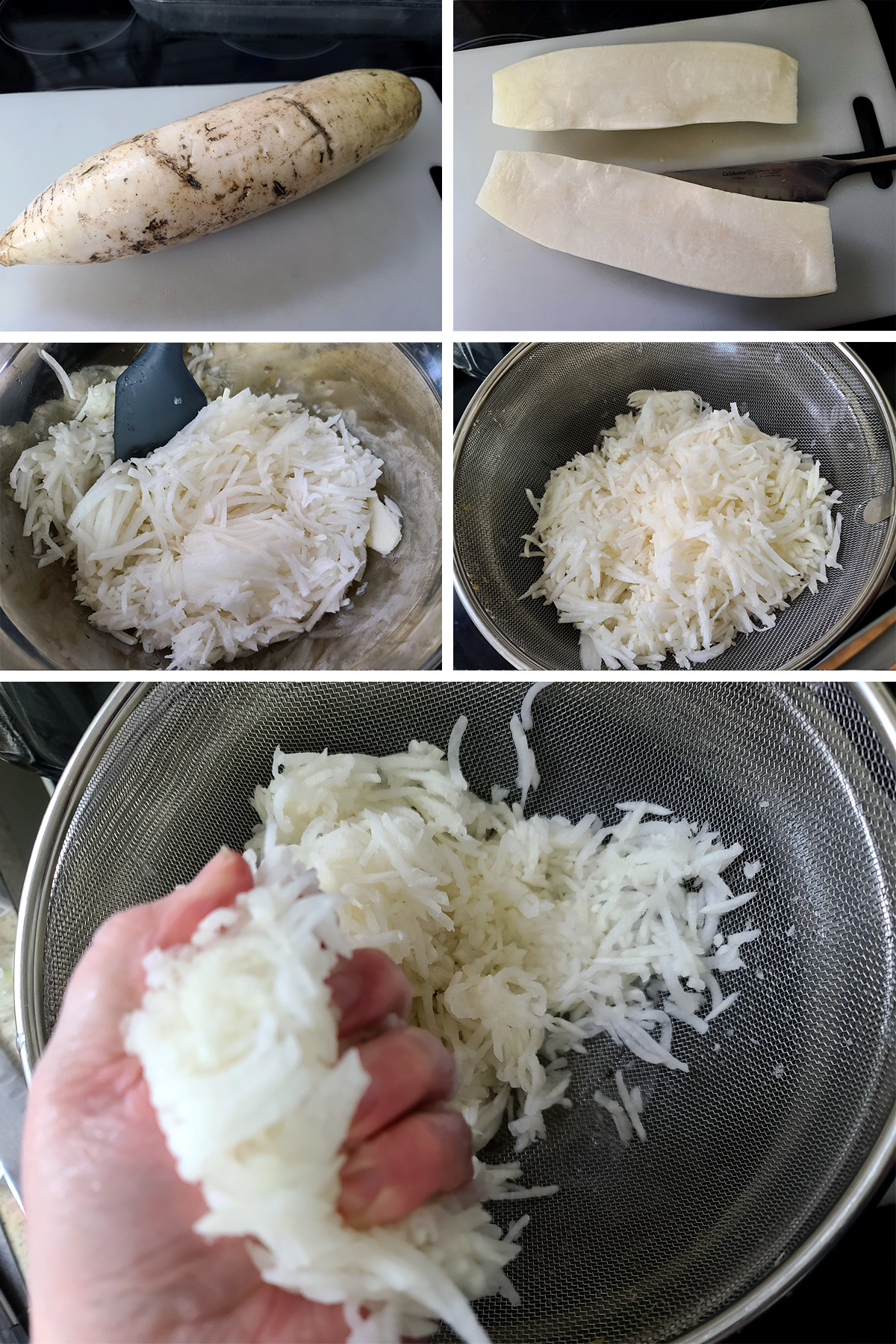 A 5 part image showing a dailon radish being shredded and squeezed, as described.