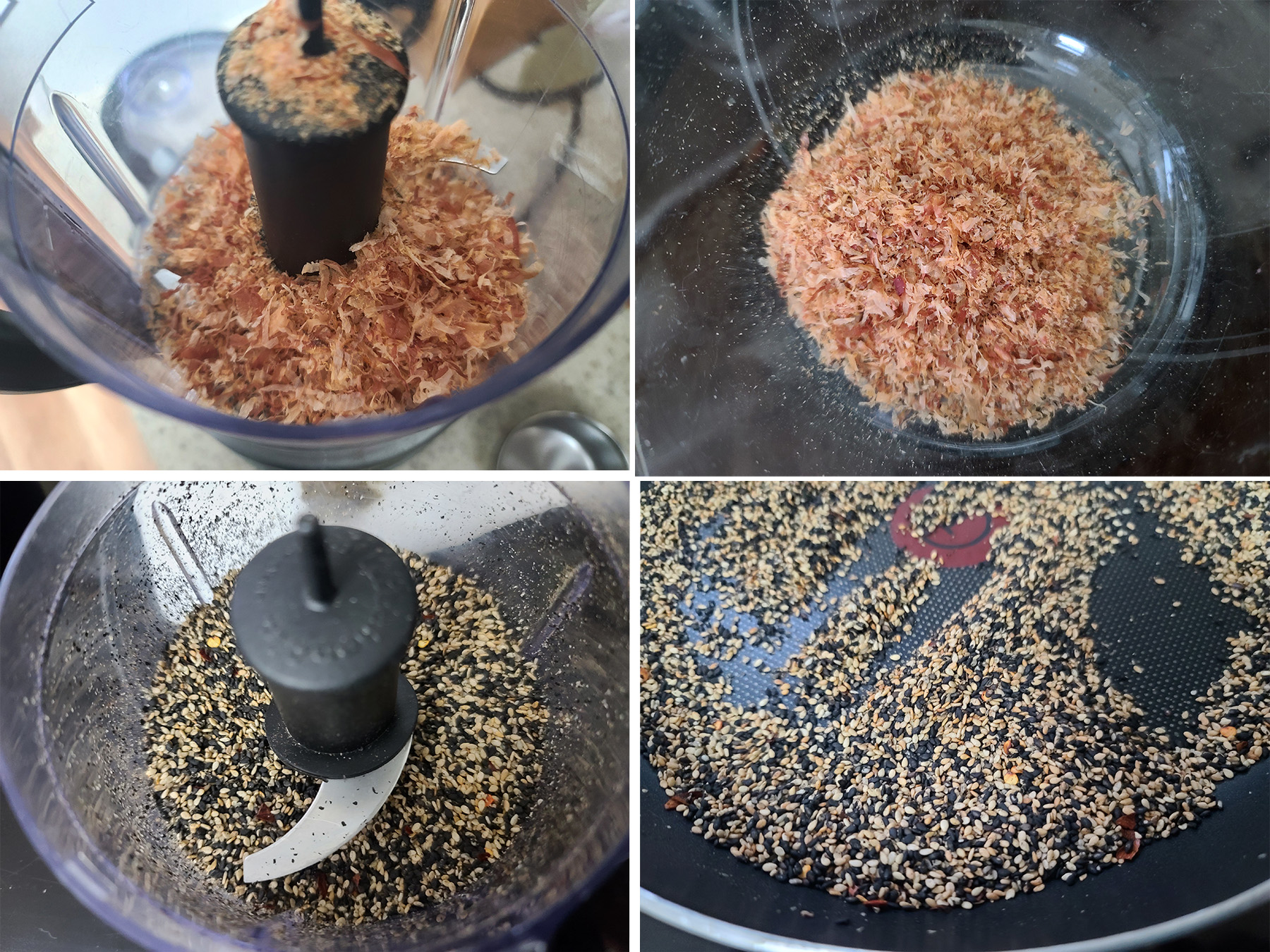 A 4 part image showing sesame seeds being toasted, and bonito flakes being ground down.