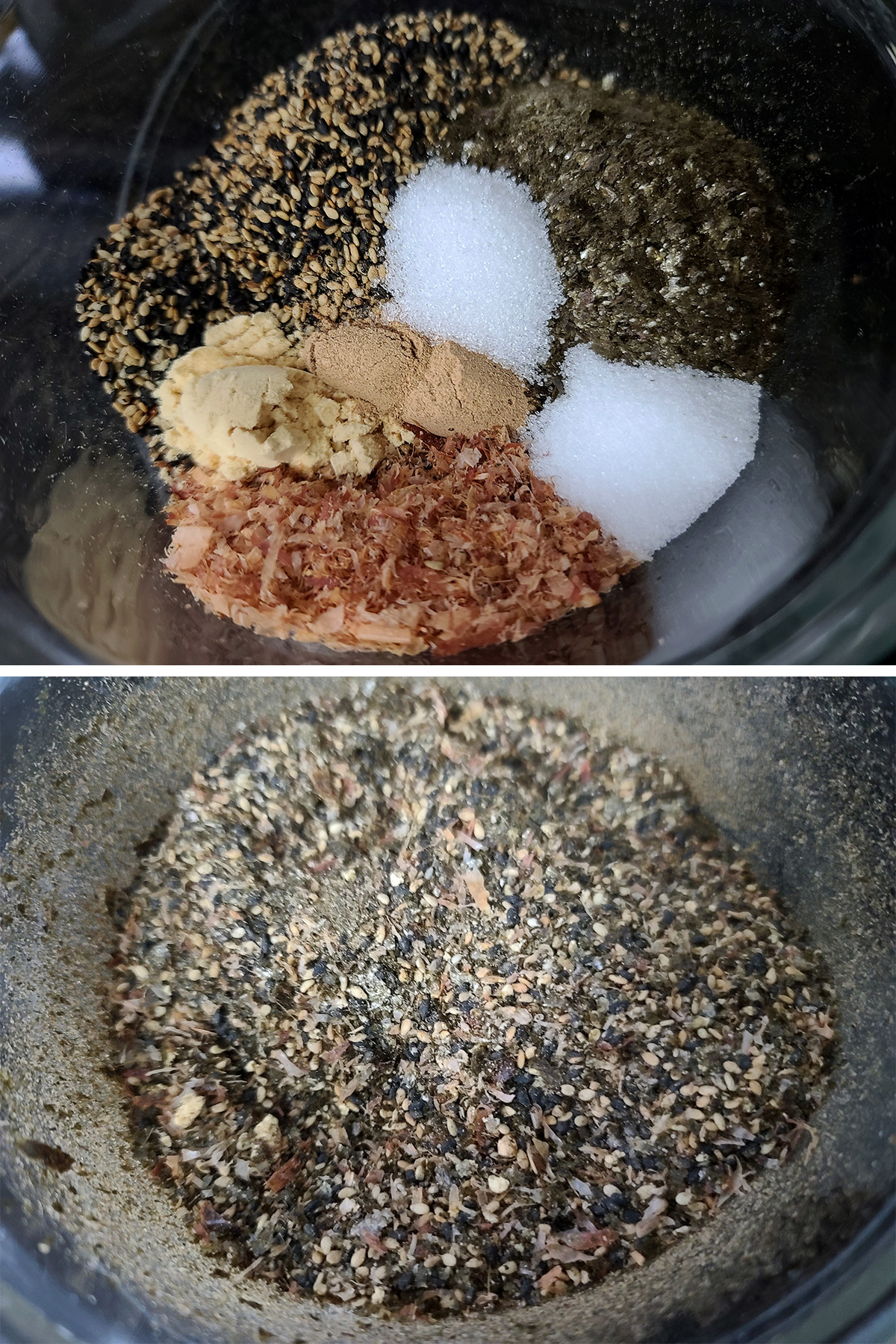 A 2 part image showing the ingredients in a bowl, before and after being mixed together.