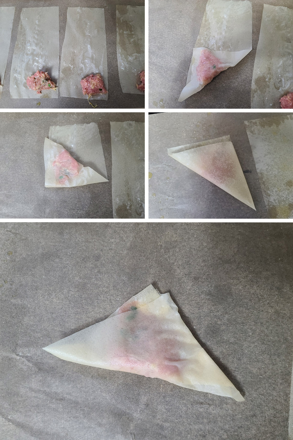A 5 part image showing a dumpling being wrapped up, flag style.