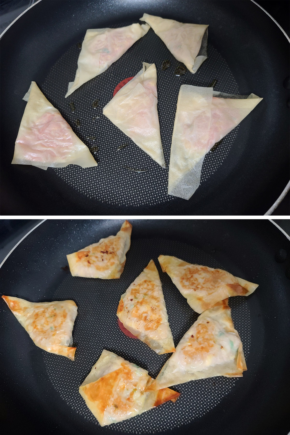 A two part image showing low carb gyoza being cooked in a nonstick pan.