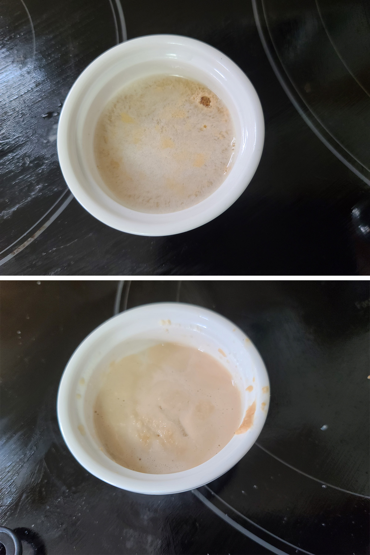 A small white ramekin with water and yeast, before and after the yeast bubbled up.