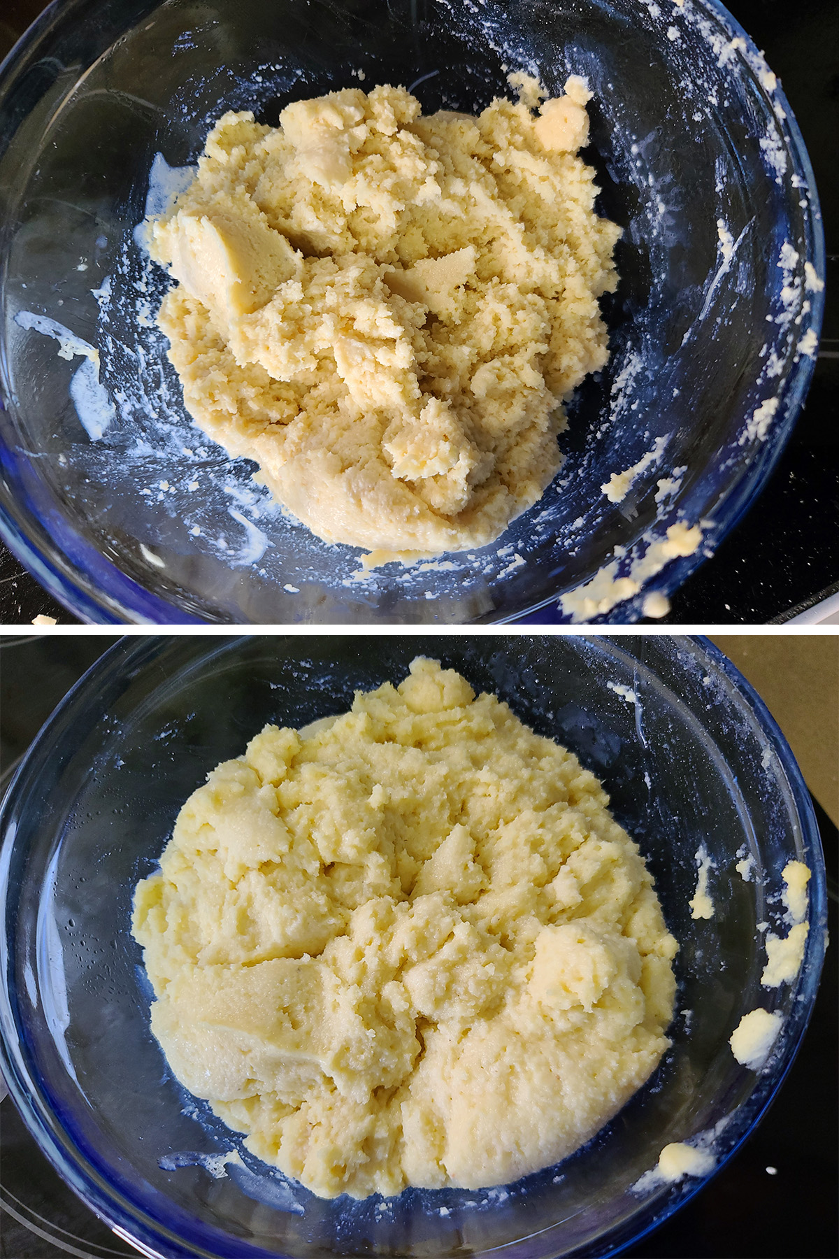 The keto manakeesh dough, before and after the first rise.