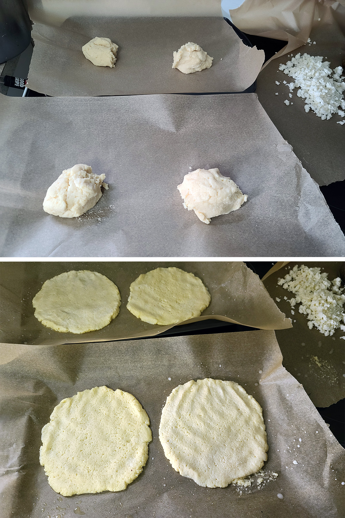 A 2 part image showing the dough divided into 4 balls on parchment lined baking sheets, then each ball pressed into a 6" round.