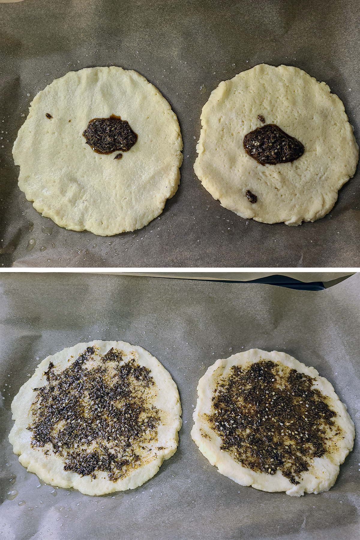 2 keto manakish with a blob of zaatar spread on them, and two with the zaatar spread over the surface.