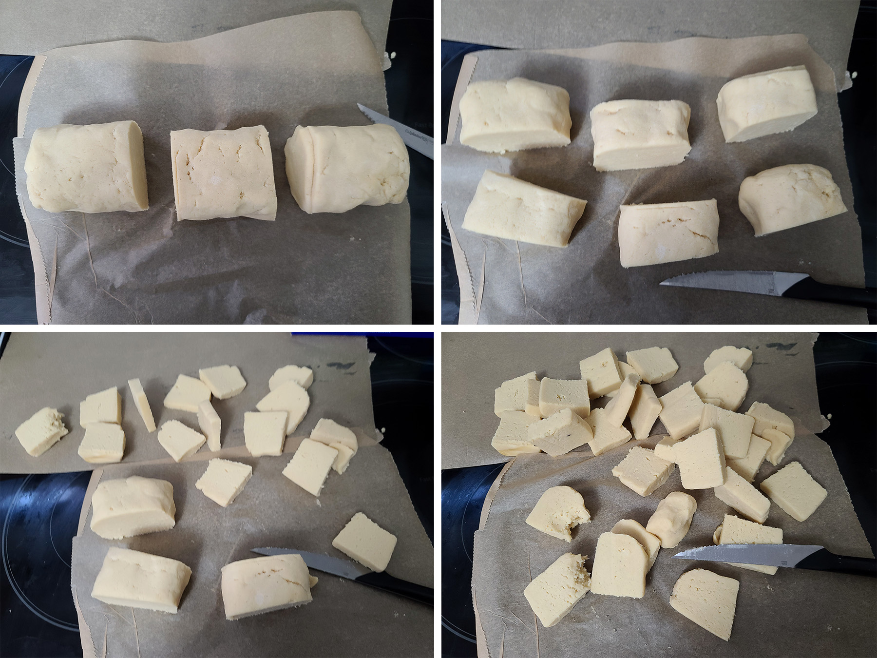 A 4 part image showing the dough being divided into 30 pieces, in stages.
