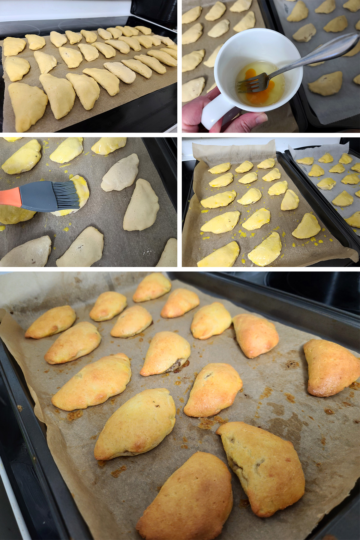 A 5 part image showing the egg and water being mixed together and brushed over the unbaked turnovers, then the finished pan of baked mushroom turnovers.