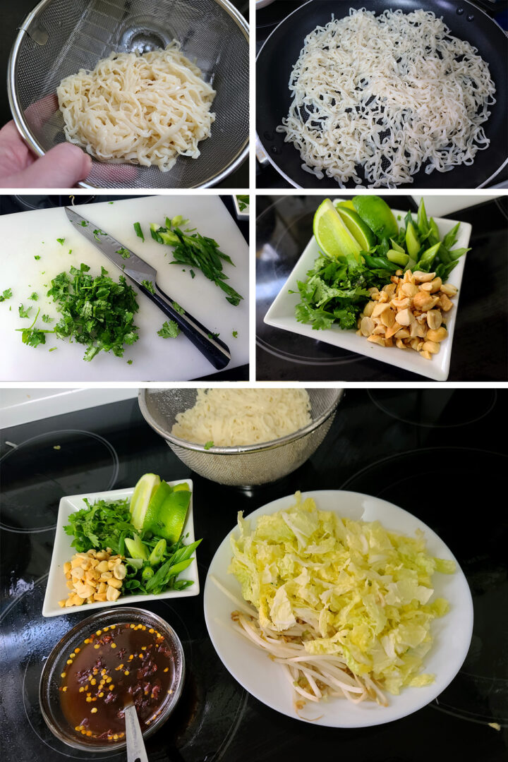 A 5 part image showing the noodles and fresh ingredients being prepared as described.