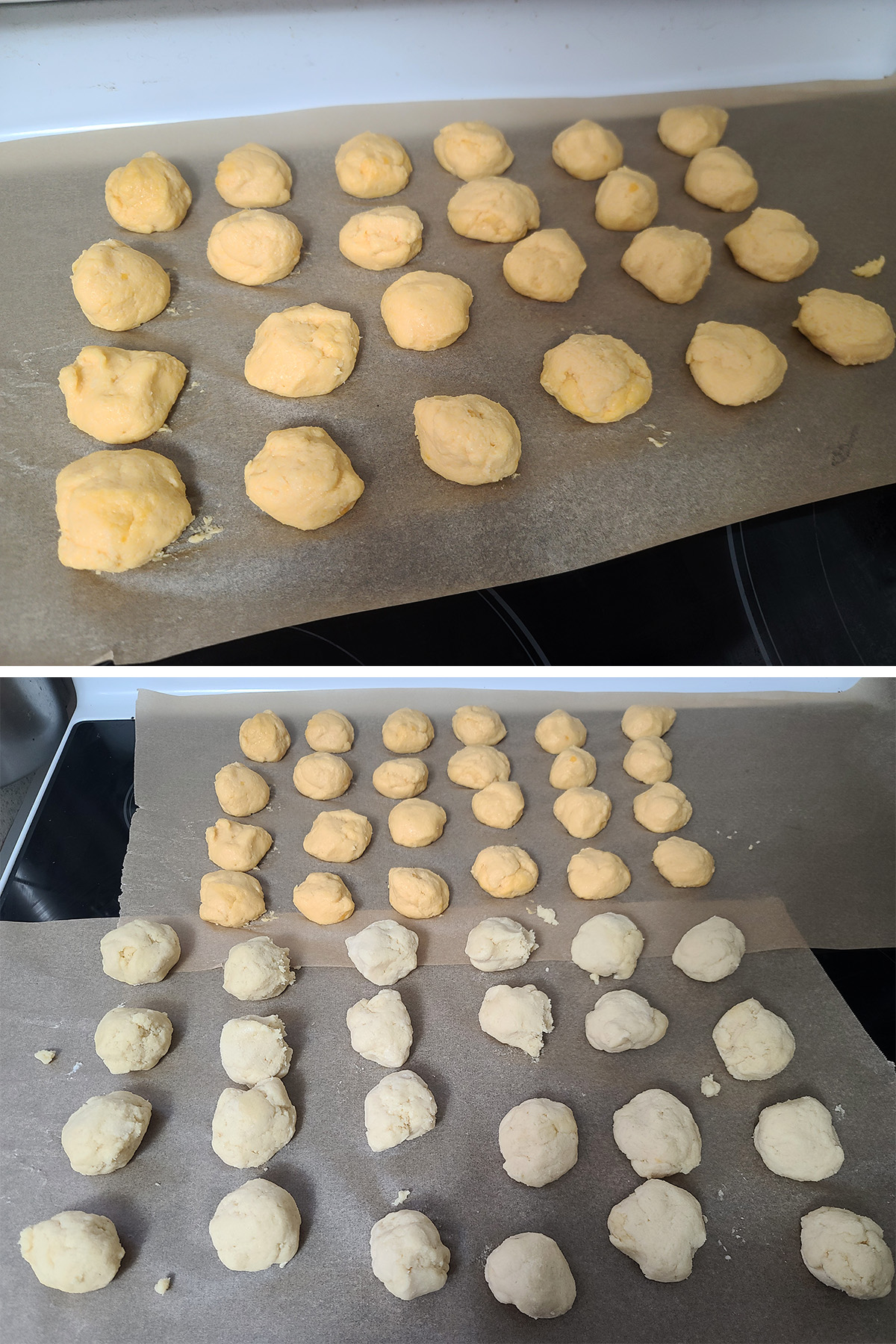 A two part image showing the balls having been rolled from both the cheesy cauliflower filling, and the dough.