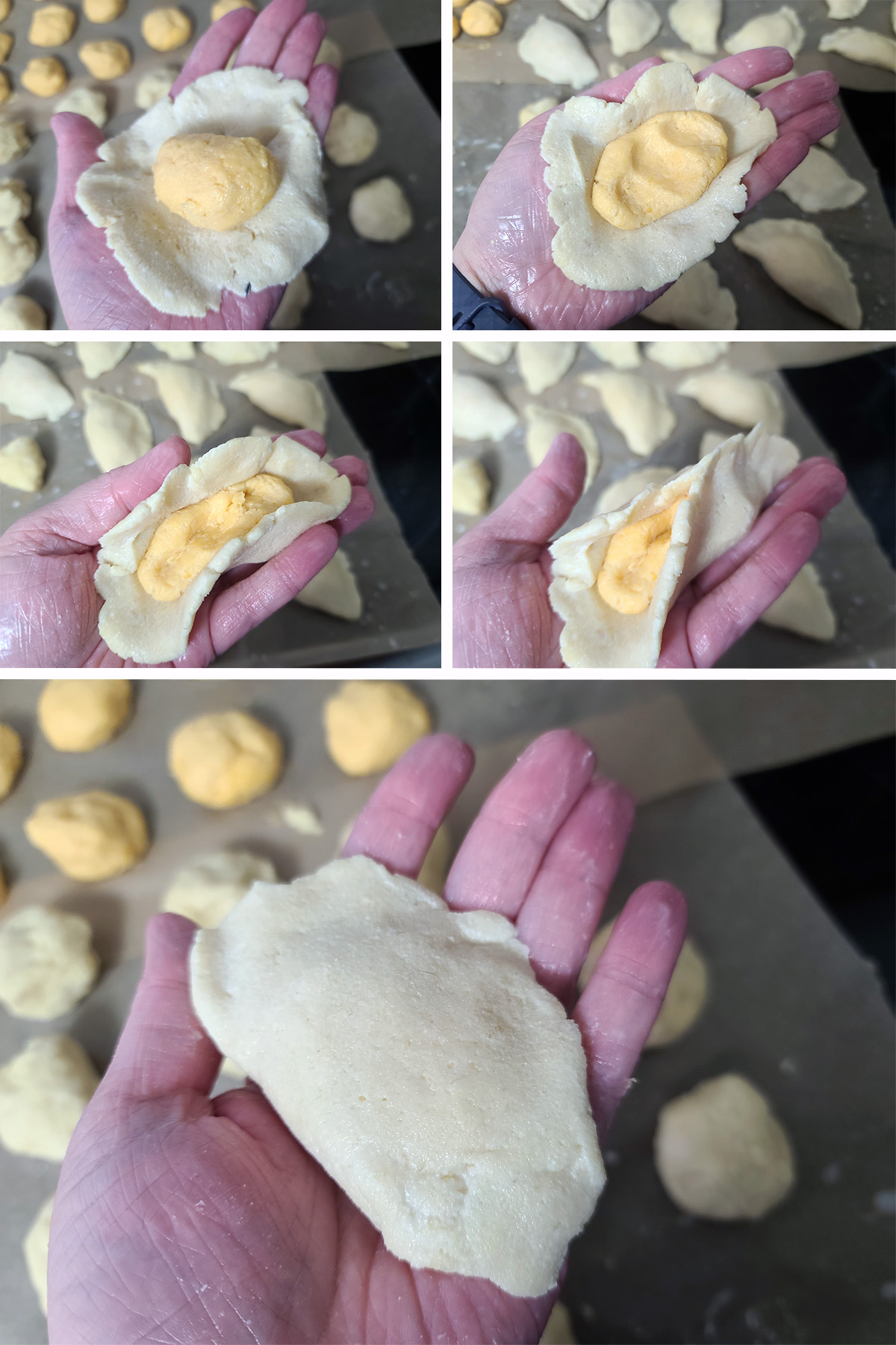 A 5 part image showing a perogie being formed out of a dough ball and a ball of filling.