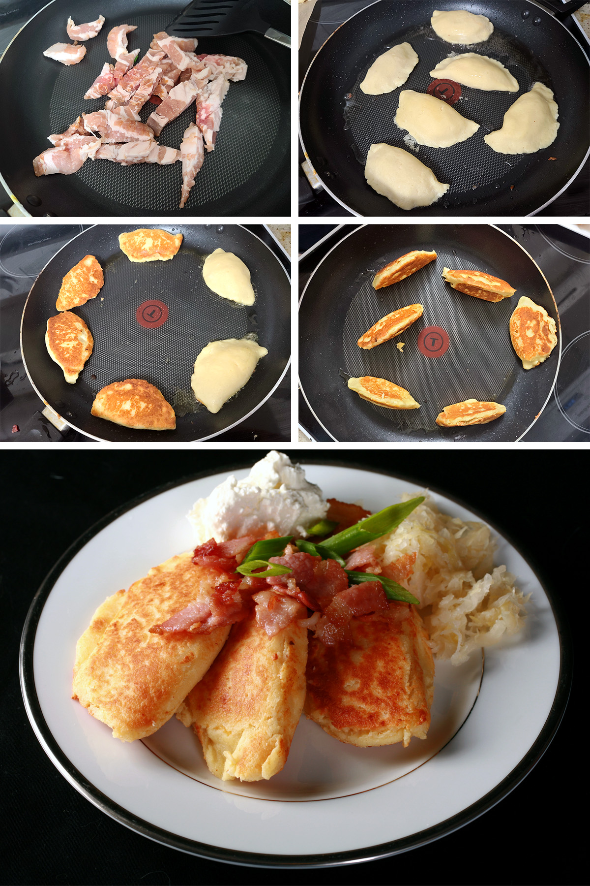 A 5 part image showing keto perogies being fried in a pan, then served on a plate with bacon, sour cream, green onions, and sauerkraut.