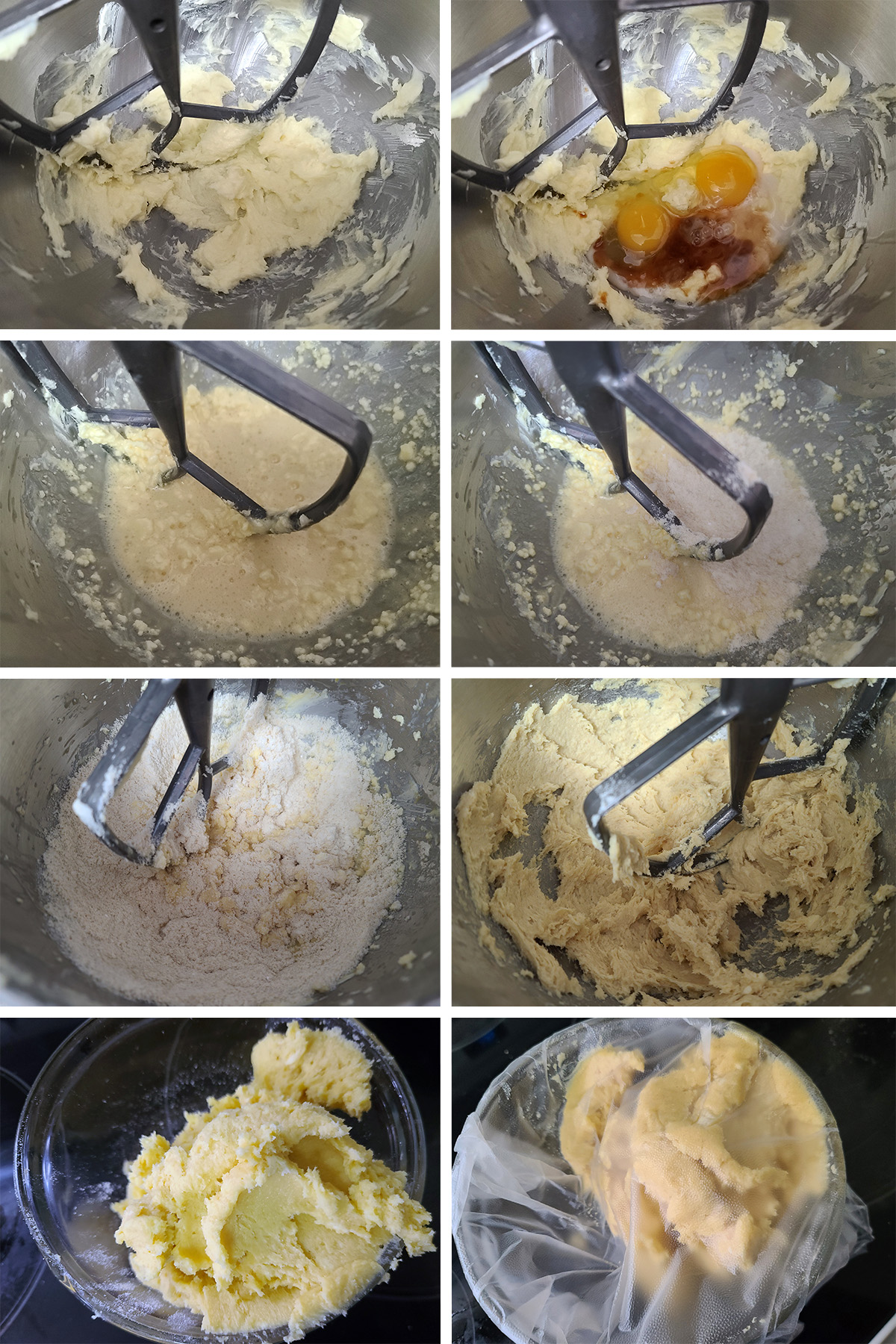 An 8 part image showing the dough being made, as described.