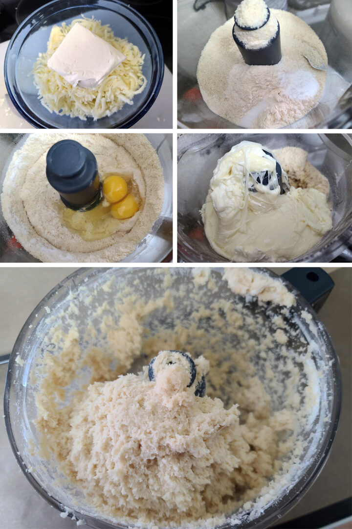 A 5 part image showing the dough being made in a food processor.