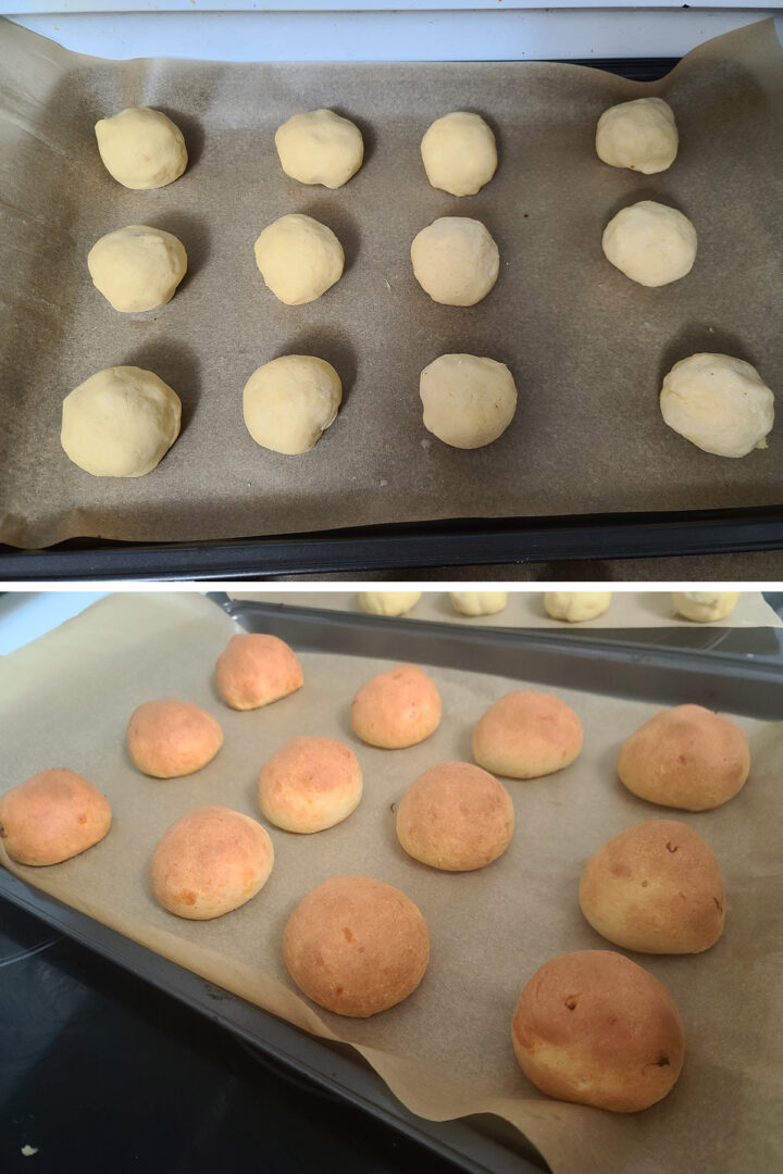 A 2 part image showing a tray of rolled buns, and the same tray after it has been baked.