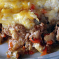 A serving of keto Shepherd's Pie on a white plate.