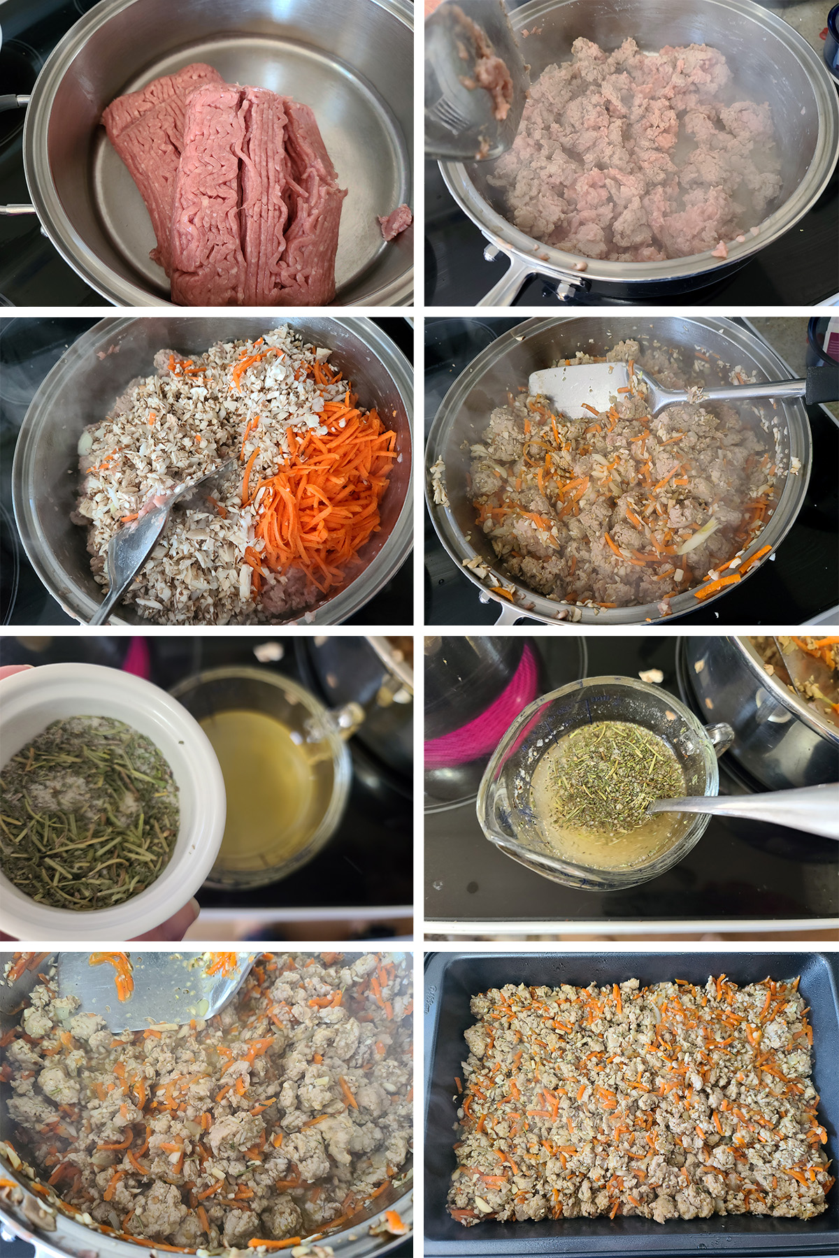 An 8 part image showing the stages of the filling being made and spread in the pan, as described.