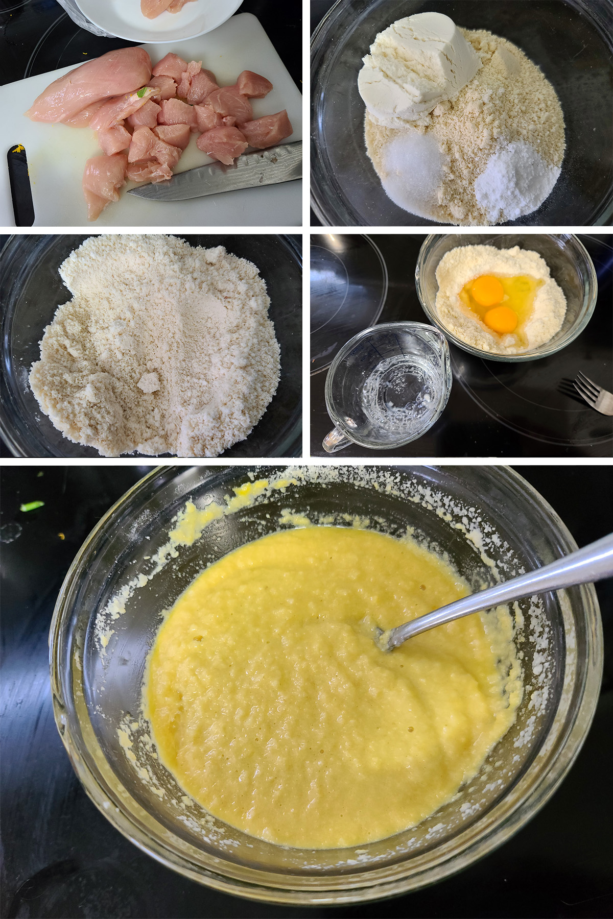 A 5 part image showing the batter being mixed together, as described.