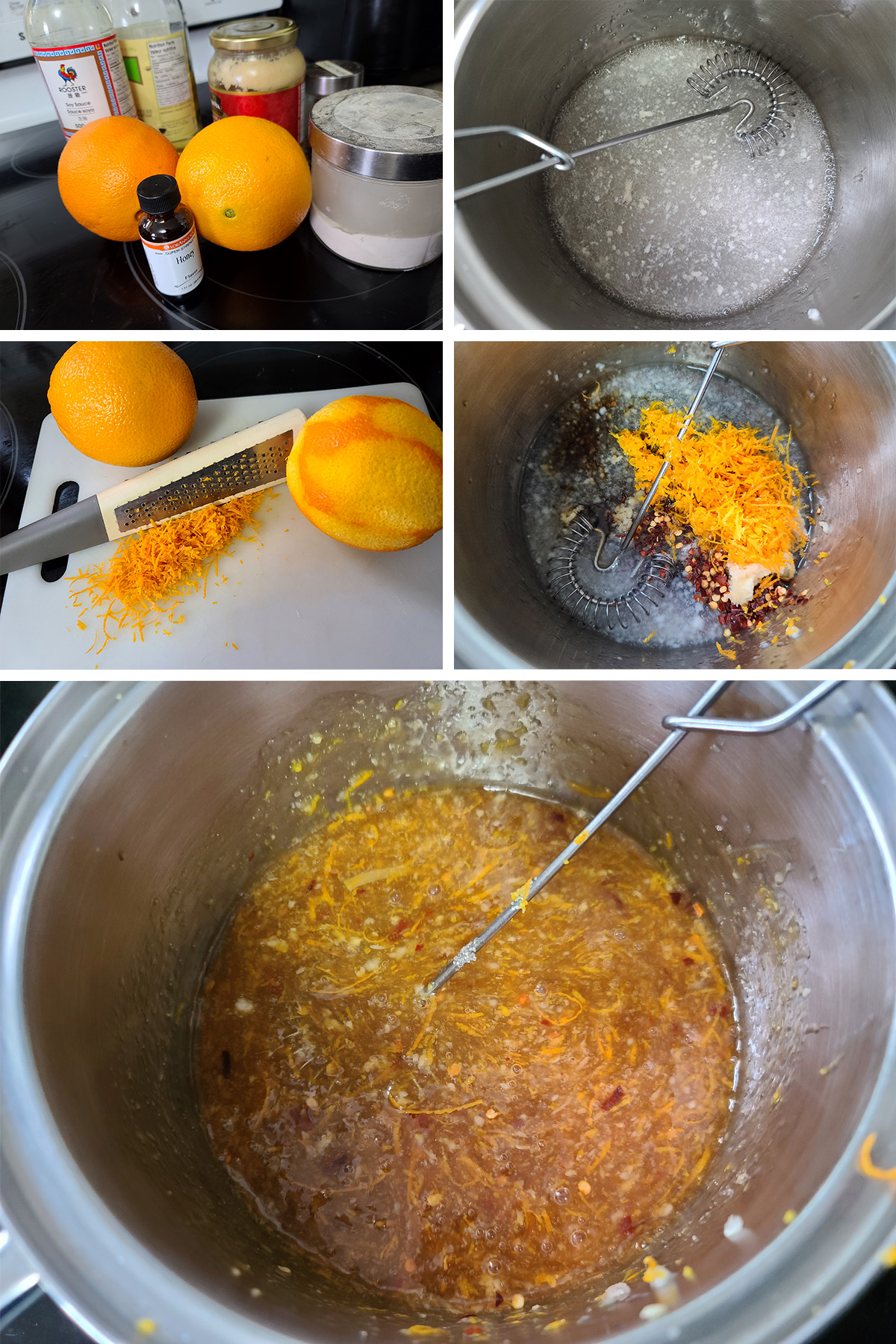 A 5 part image showing the sauce being mixed together, as described.