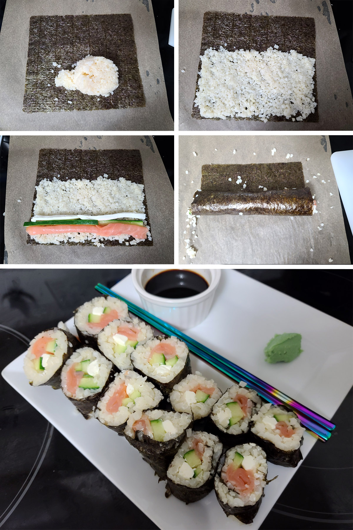 A 5 part image showing a piece of nori being spread with cauliflower sushi rice, topped with smoked salmon, cream cheese, and cucumber, then rolled up.