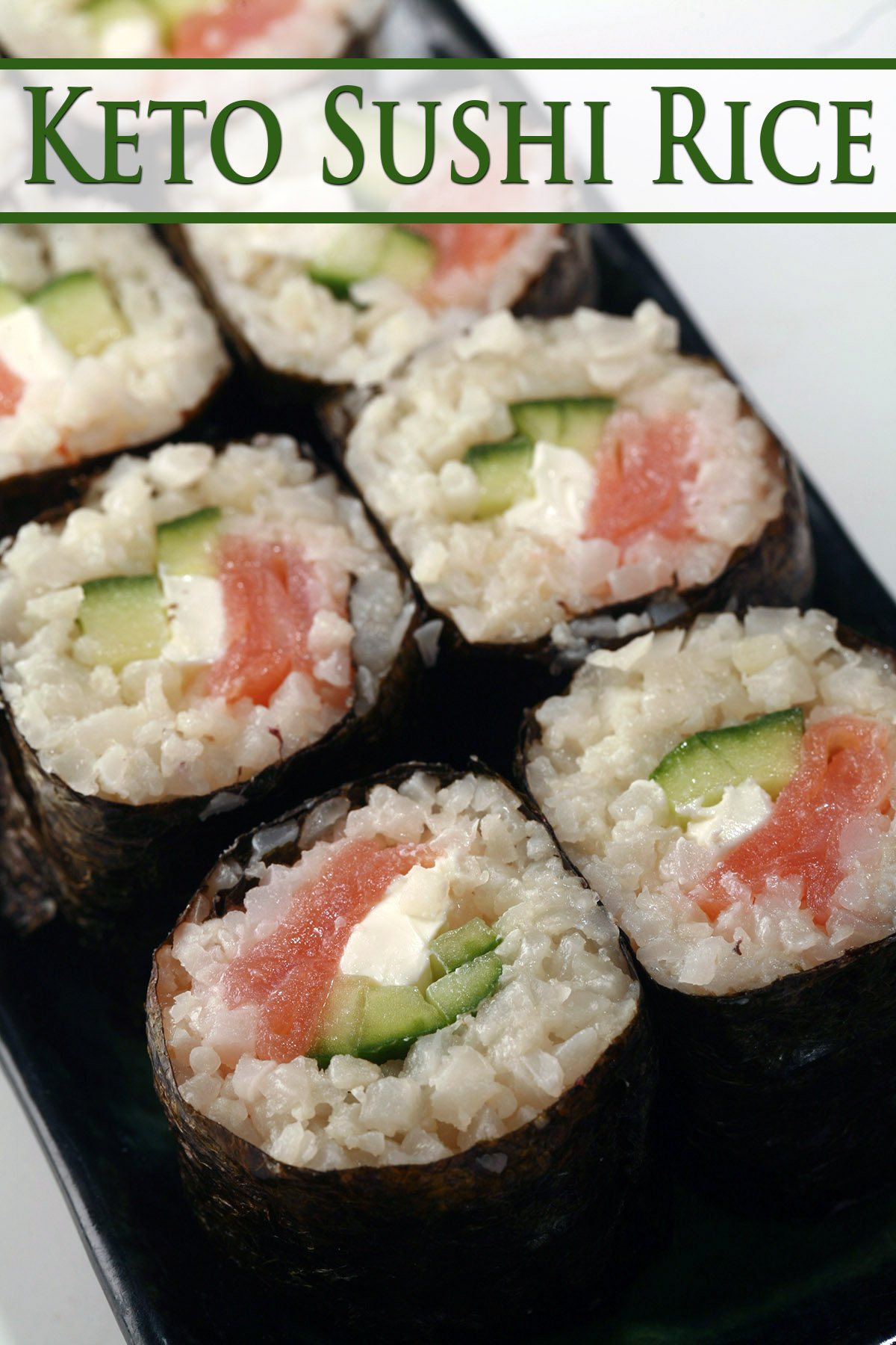 A close up view of a philly roll made from low carb sushi rice.