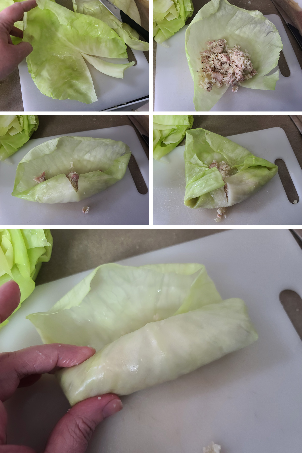 A 5 part image showing a cabbage roll being assembled, as described.