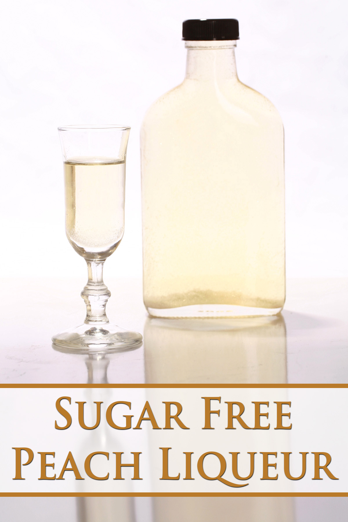 A shot glass of sugar-free peach schnapps, next to a full glass bottle of sugar free peach liqueur.
