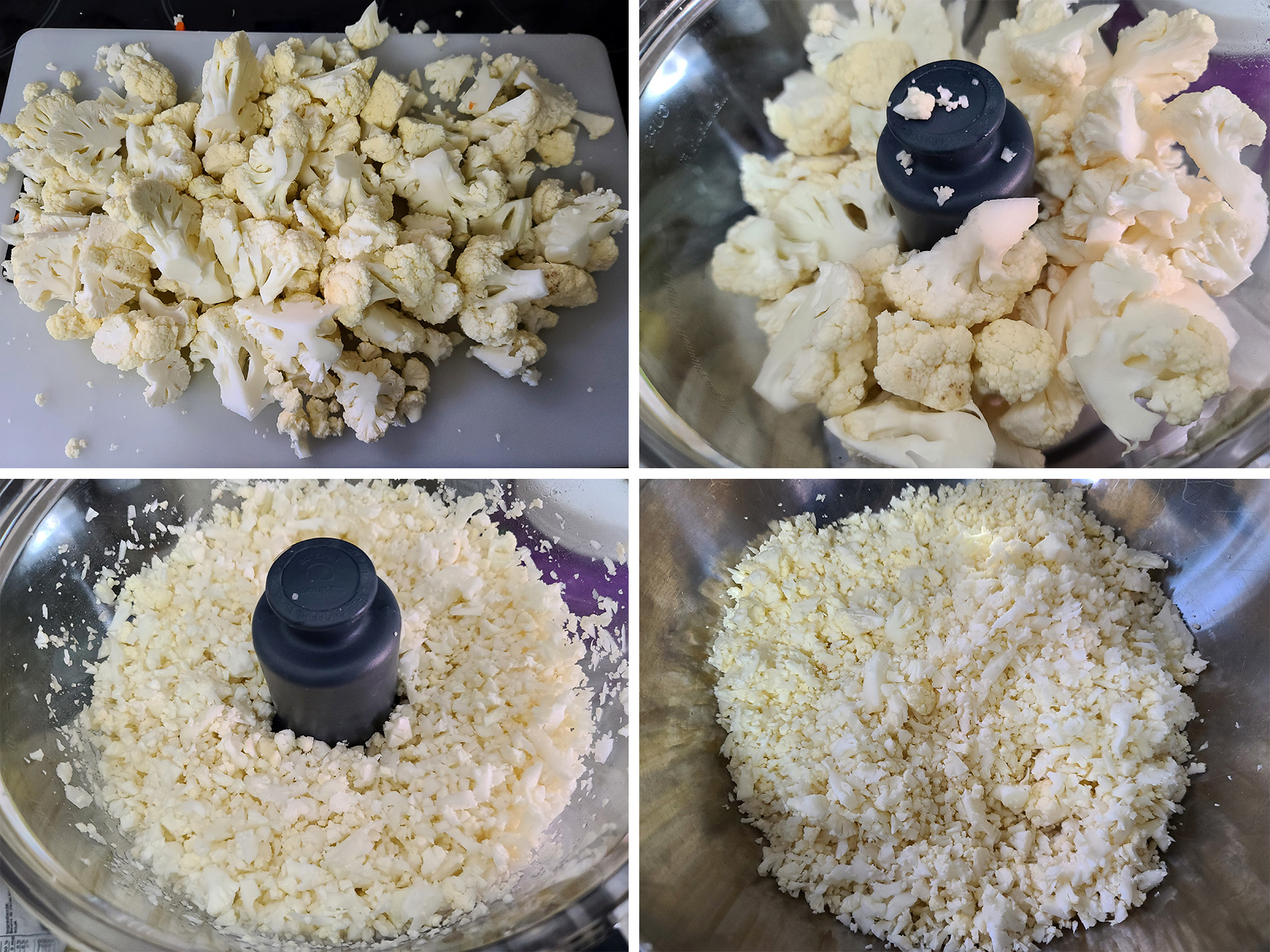 A 4 part image showing fresh cauliflower being chopped and then processed into "rice".