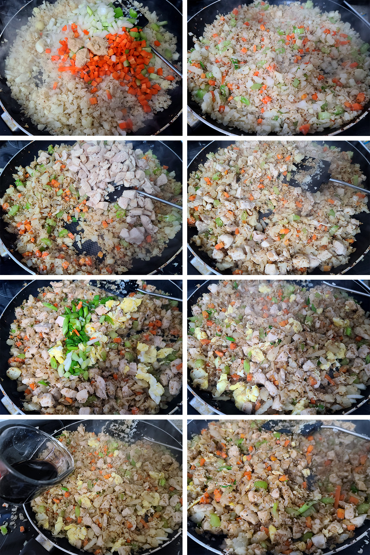 An 8 part image showing the various vegetables, chicken, and egg additions to the pan, as described.