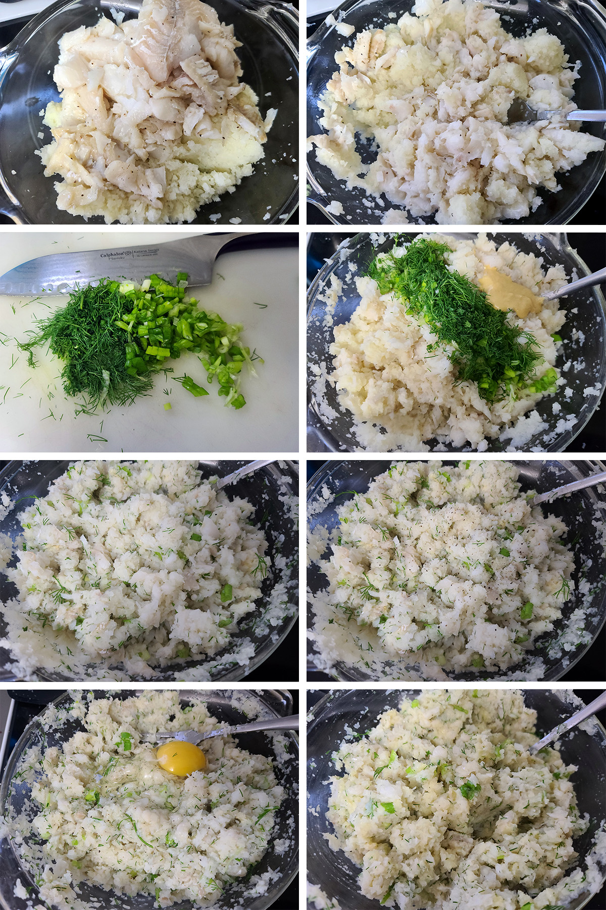 An 8 part image showing the fish and cauliflower being mixed together with the other flavouring ingredients.