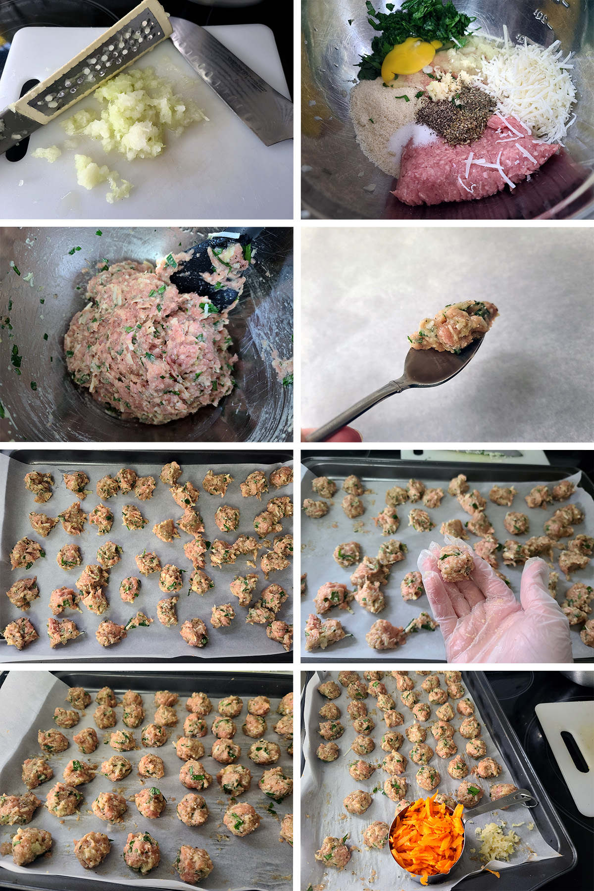 An 8 part image showing the meatball batter being mixed together and formed into tiny meatballs.