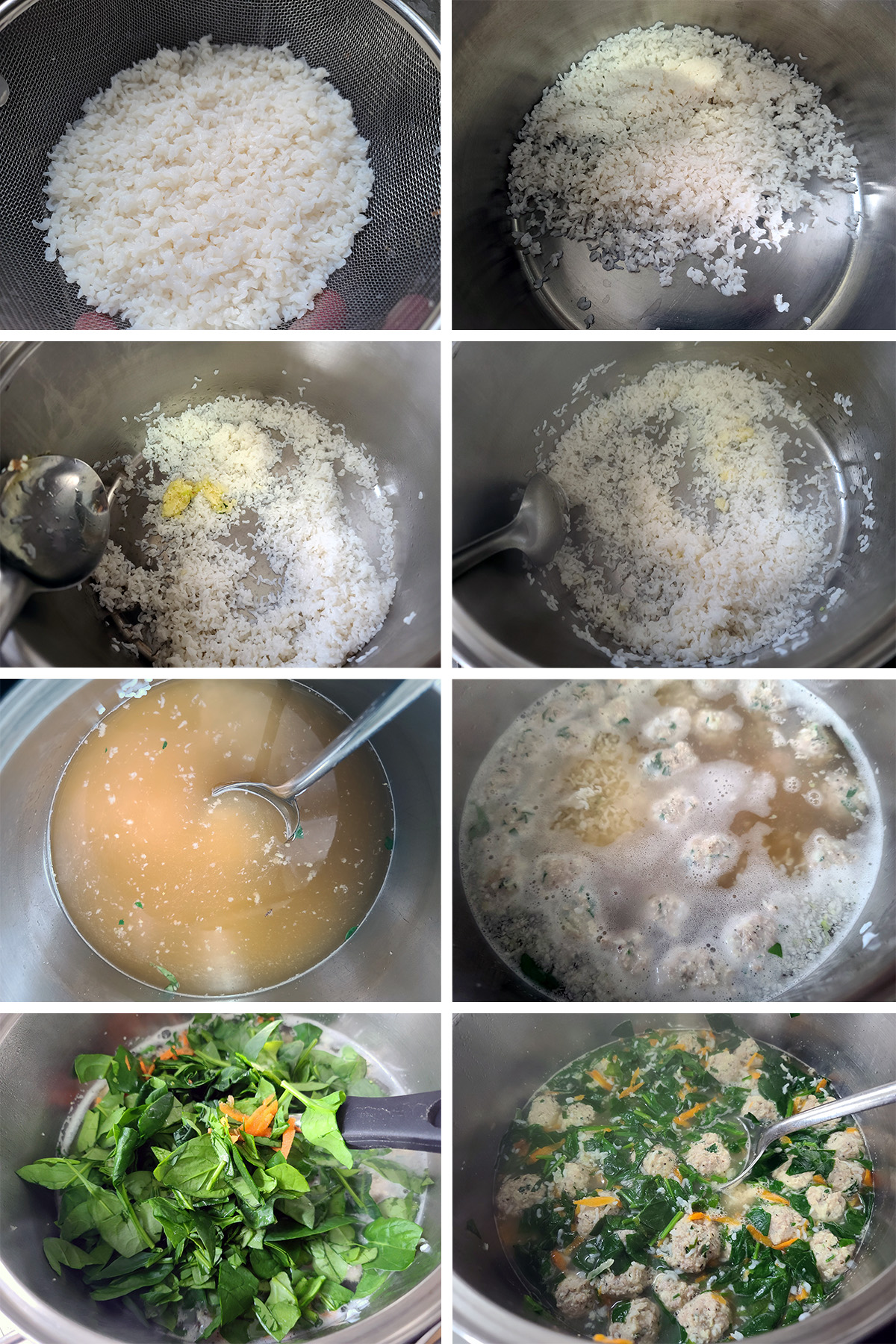 An 8 part image showing the  konjac being cooked, then the soup being built on top of it.