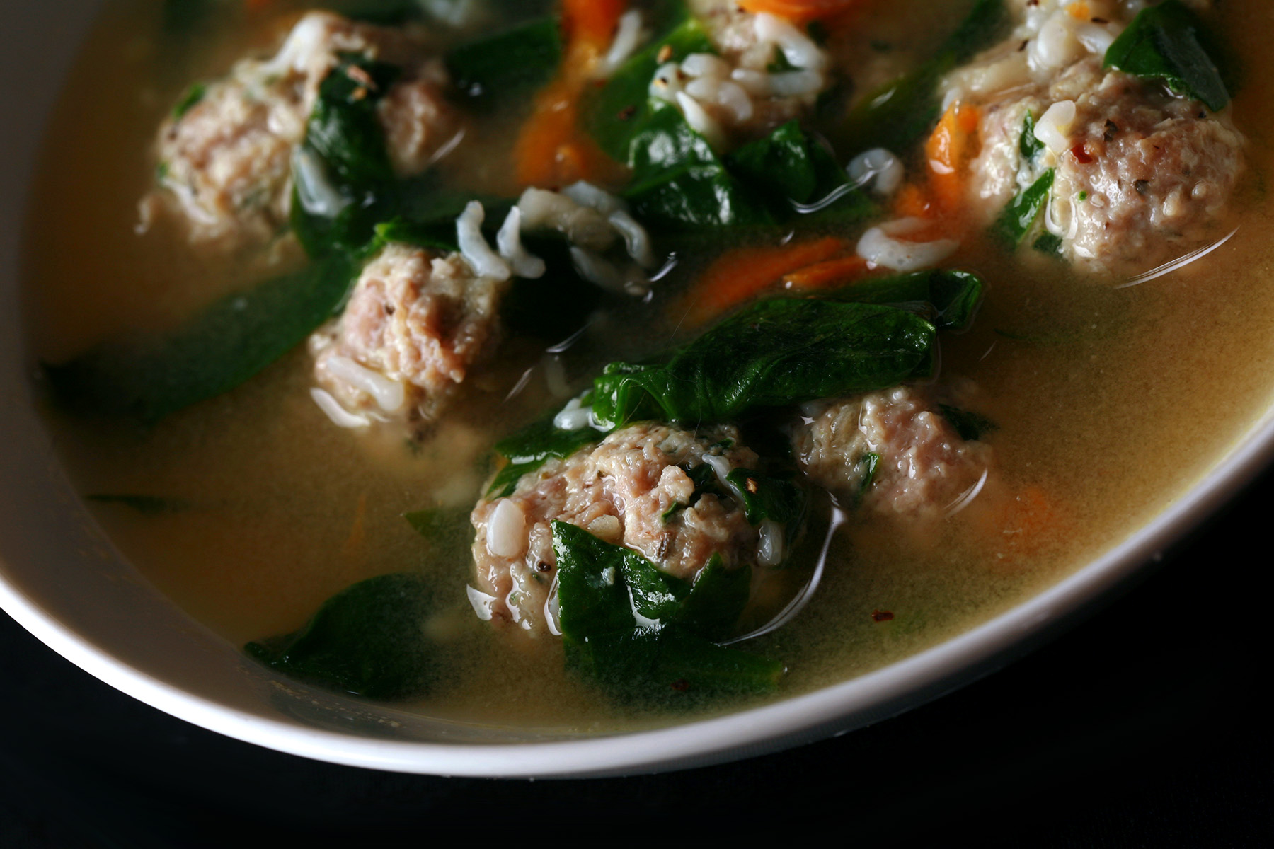 A bowl of low carb Italian wedding soup.