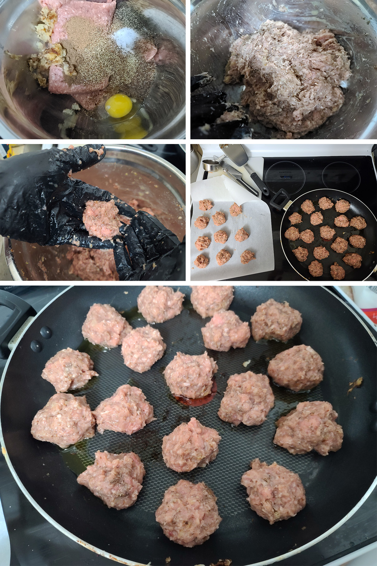 A 5 part image showing low carb swedish meatball micture being combined and rolled into meatballs.