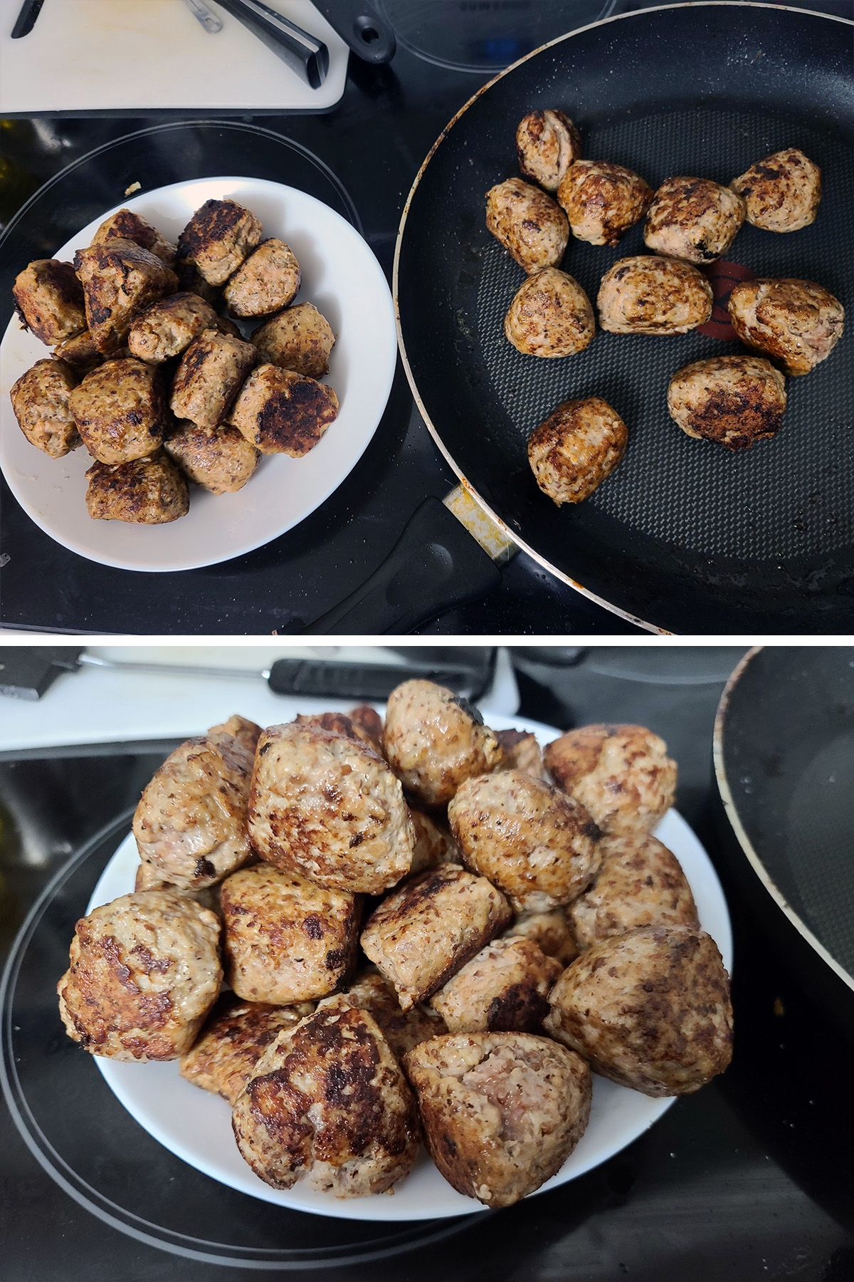 A two part image showing the meatballs being cooked, then placed in a bowl.