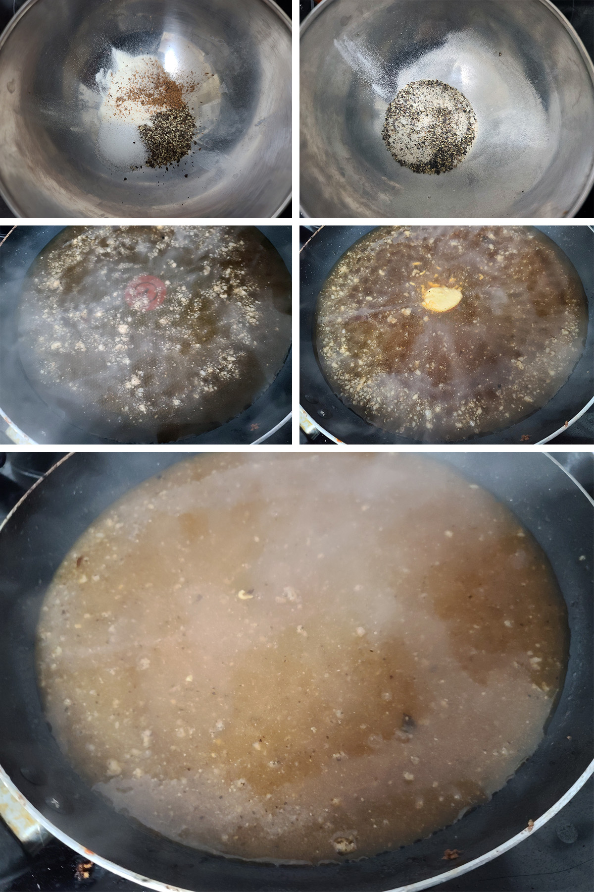 A 5 part image showing the start of the IKEA keto meatball sauce being made.