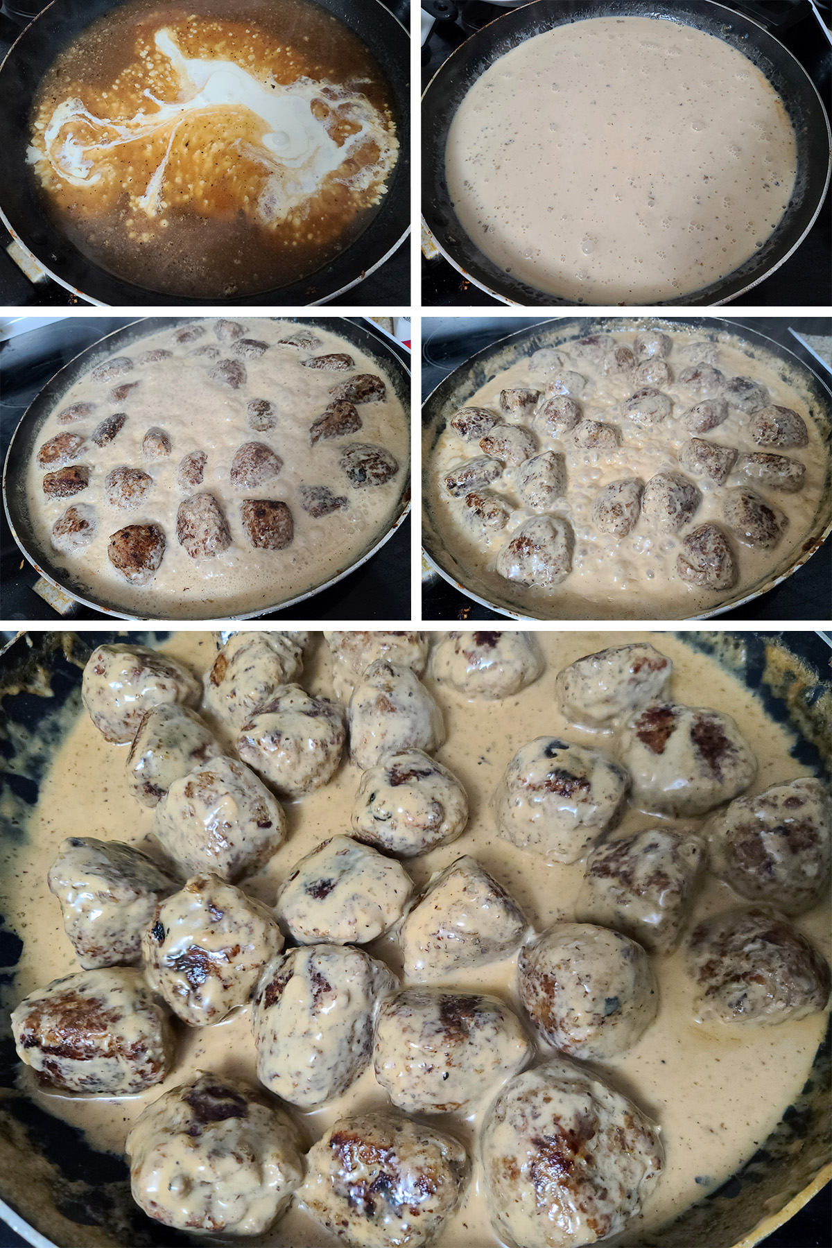 A 5 part image showing the cream being added to the IKEA meatball sauce, and the low carb meatballs being cooked in the sauce.