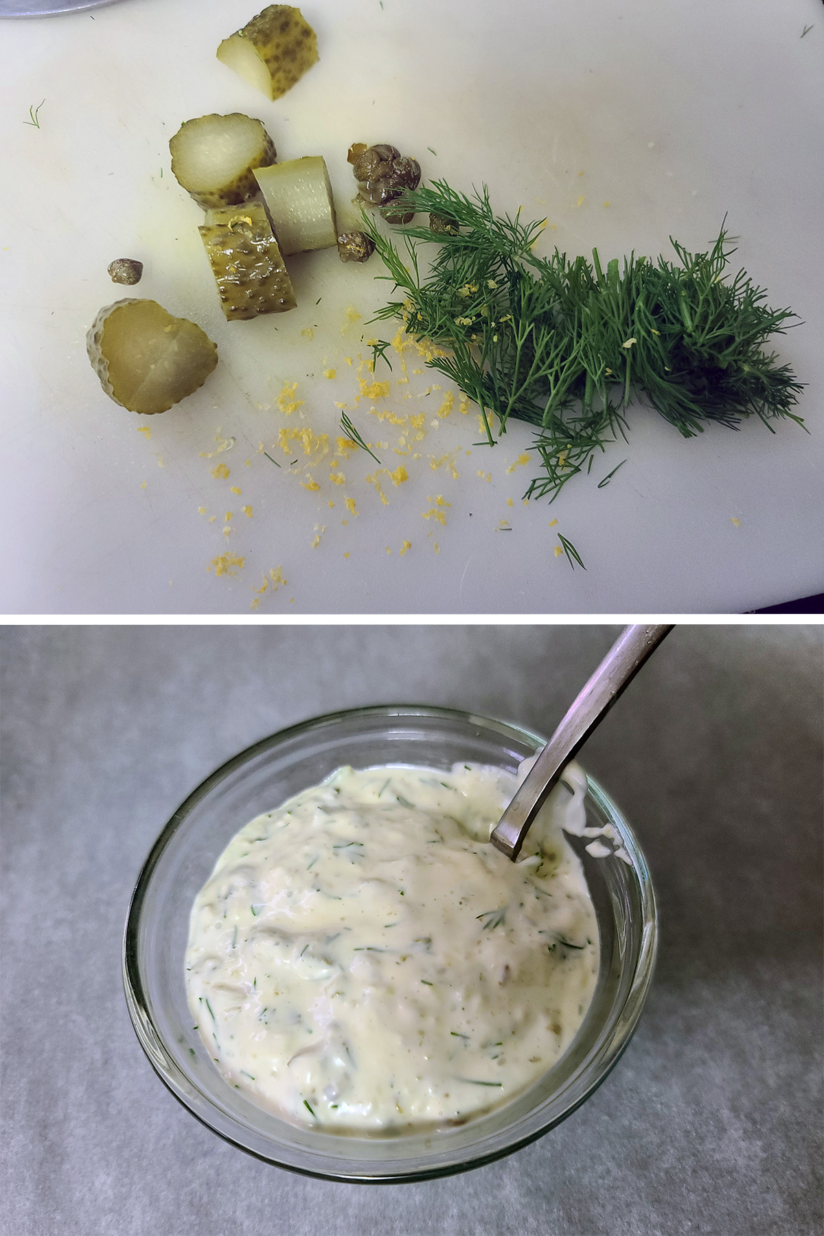 A 2 part image showing the ingredients for the keto tartar sauce.