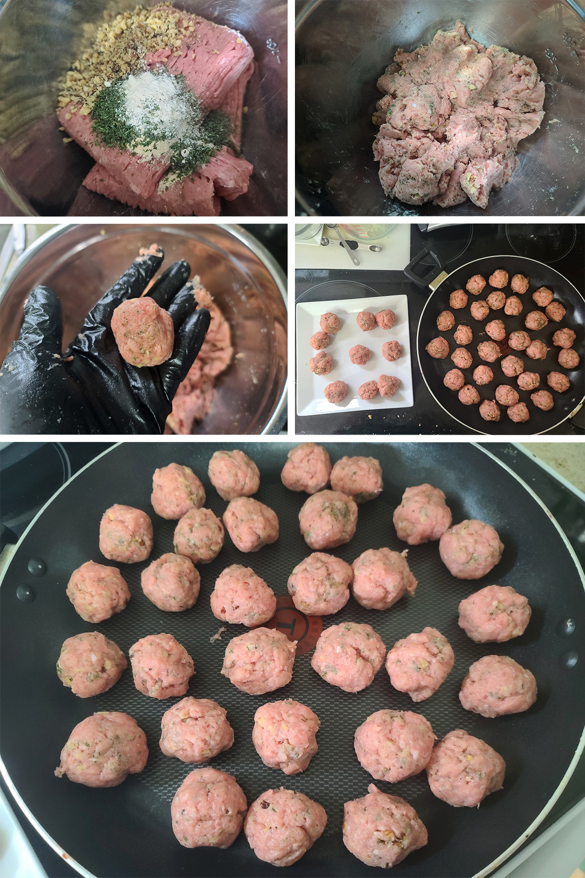 A 5 part image showing the meatballs being mixed, formed, and placed in a pan.