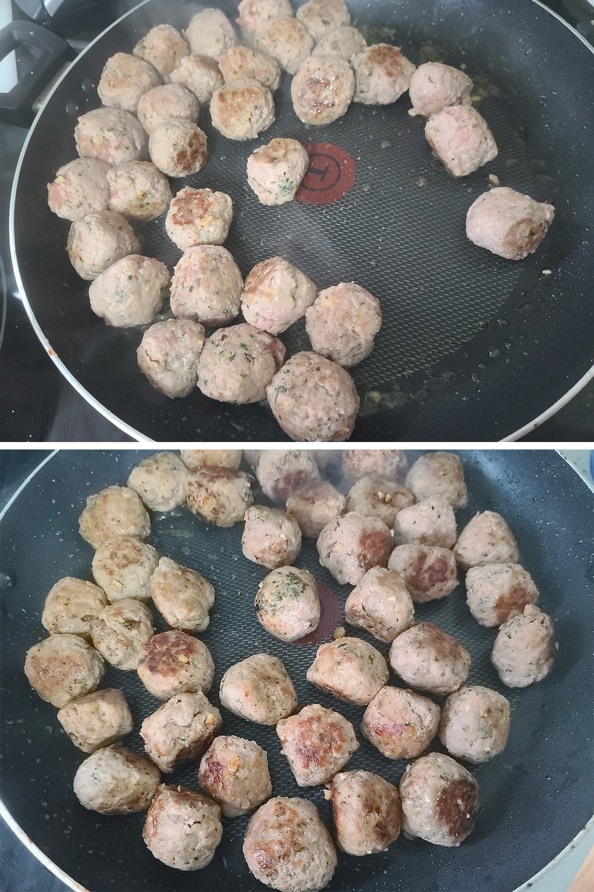 A 2 part image showing the meatballs being browned in a pan.