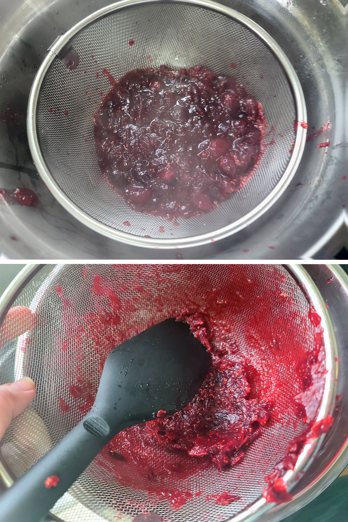 A two part image showing the cranberry sauce being scraped through a wire strainer.