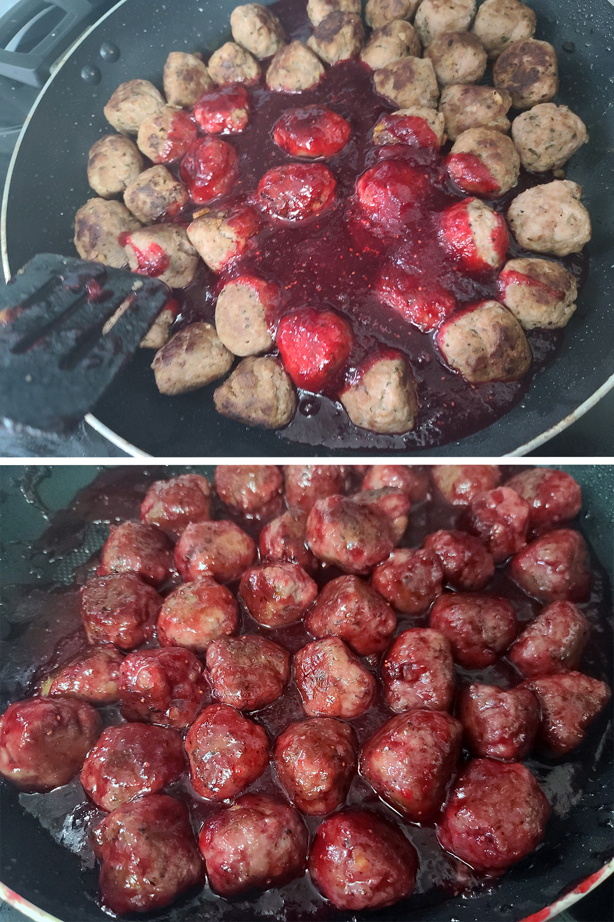 A 2 part image showing the cranberry glaze being poured into the pan of meatballs, then after it's been stirred to coat the meatballs.