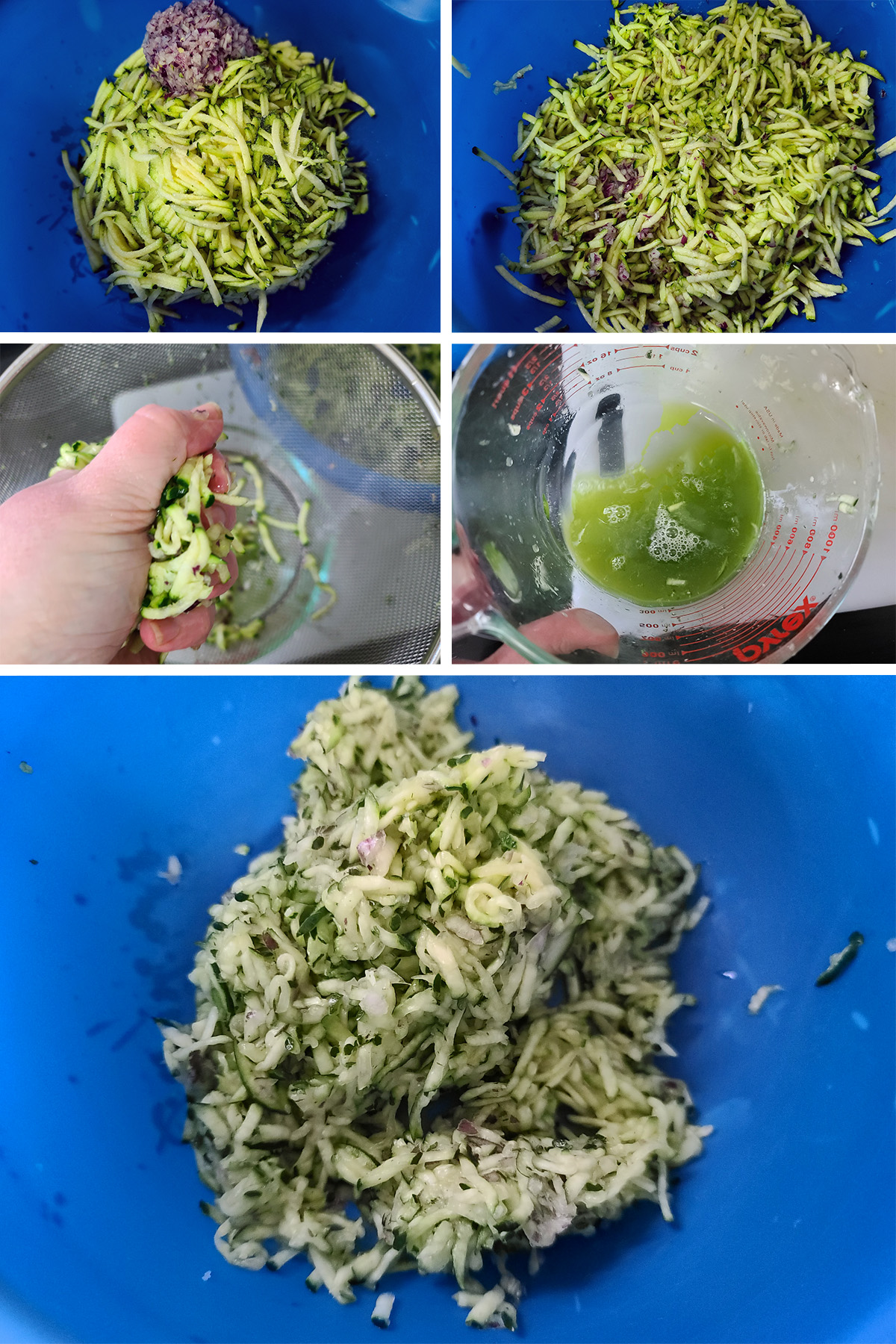 A 5 part image showing the zucchini shreds being sweated and squeezed.