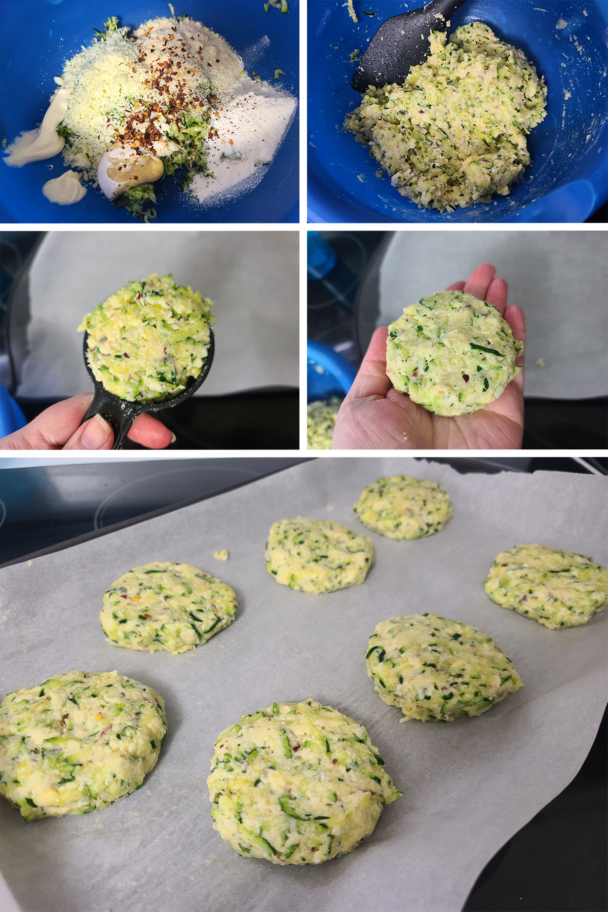 A 5 part image showing the zucchini batter being made and formed into patties.