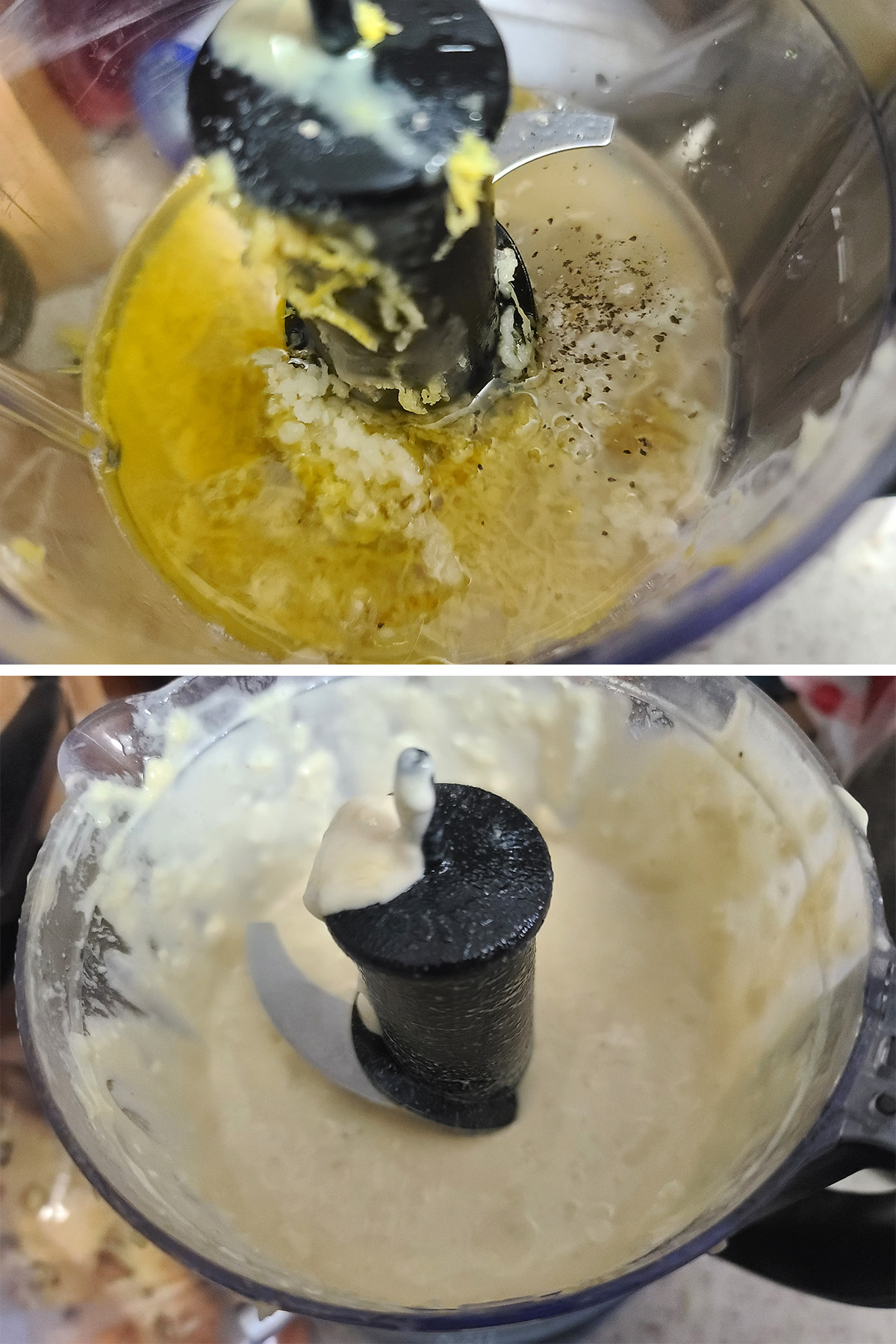 A 2 part image showing the lemon tahini sauce being made.