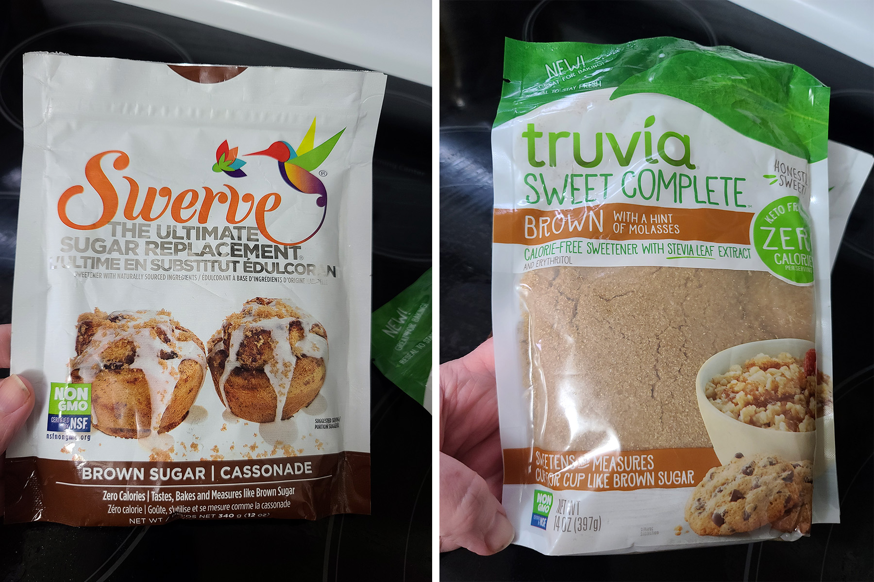 A bag of Swerve brown sugar substitute, and a bag of Truvia brown sugar substitute.