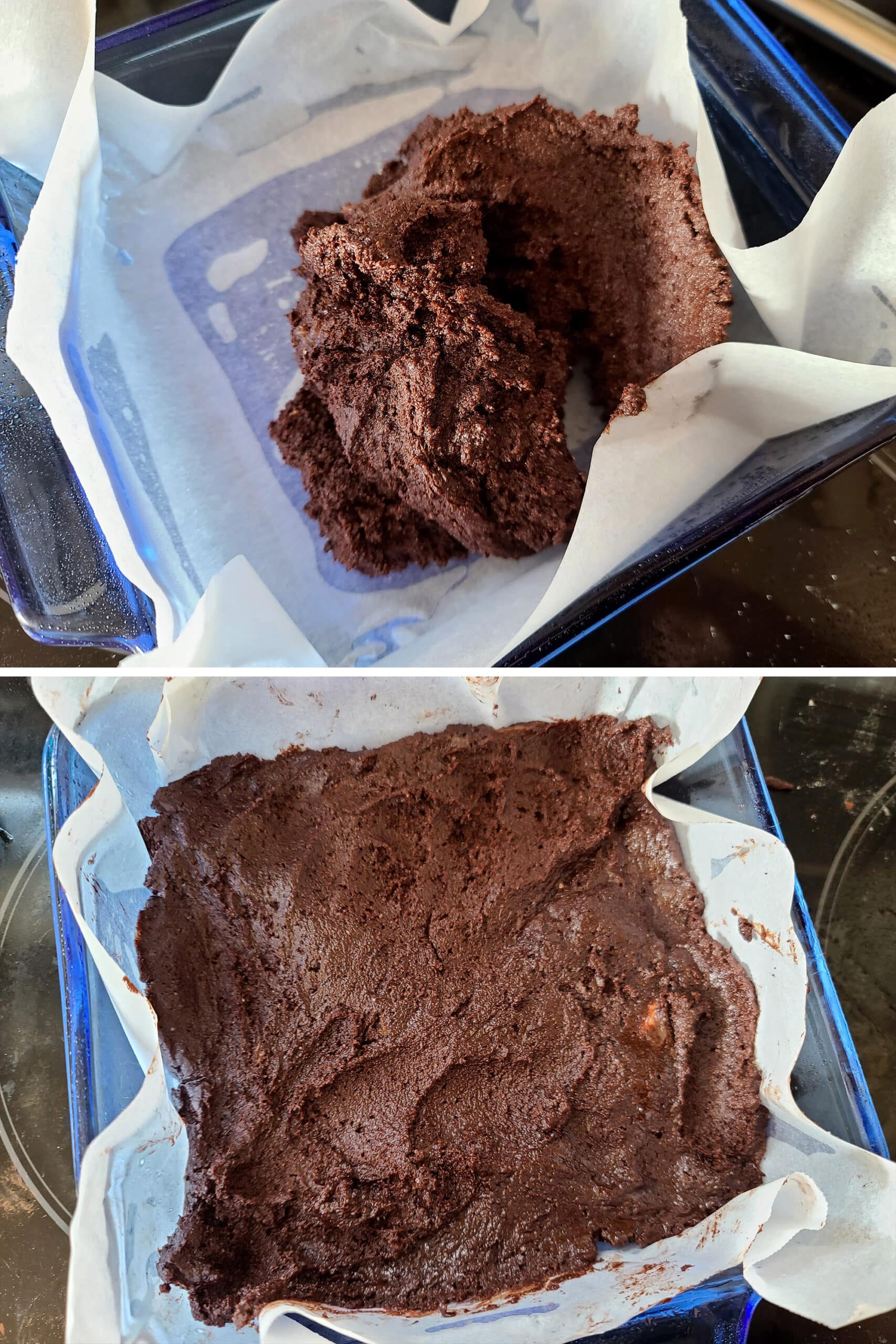 A 2 part image showing the keto brownie batter being spread in the prepared pan.