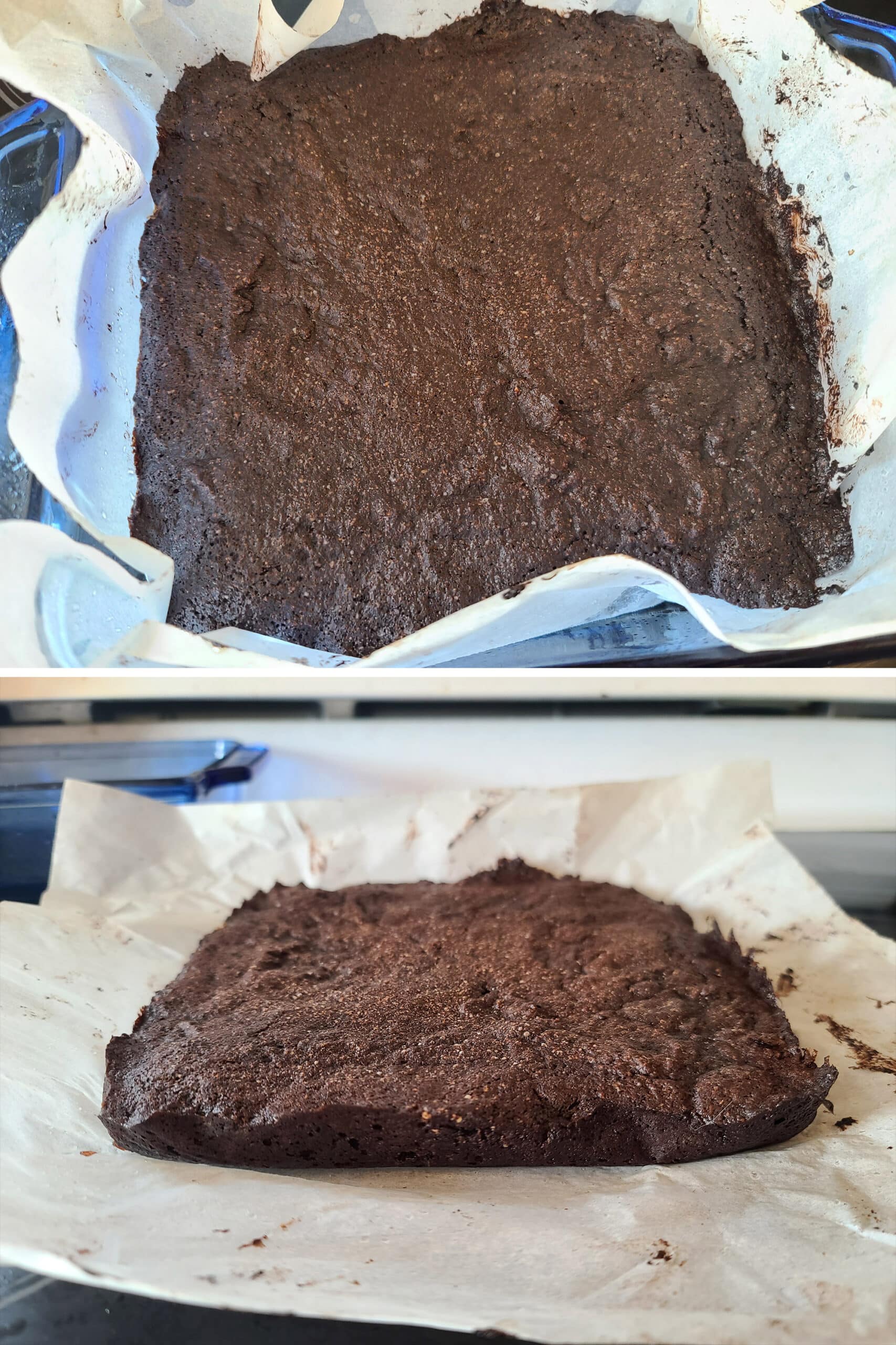 A 2 part image showing the baked pan of low carb brownies before and after being removed from the pan.