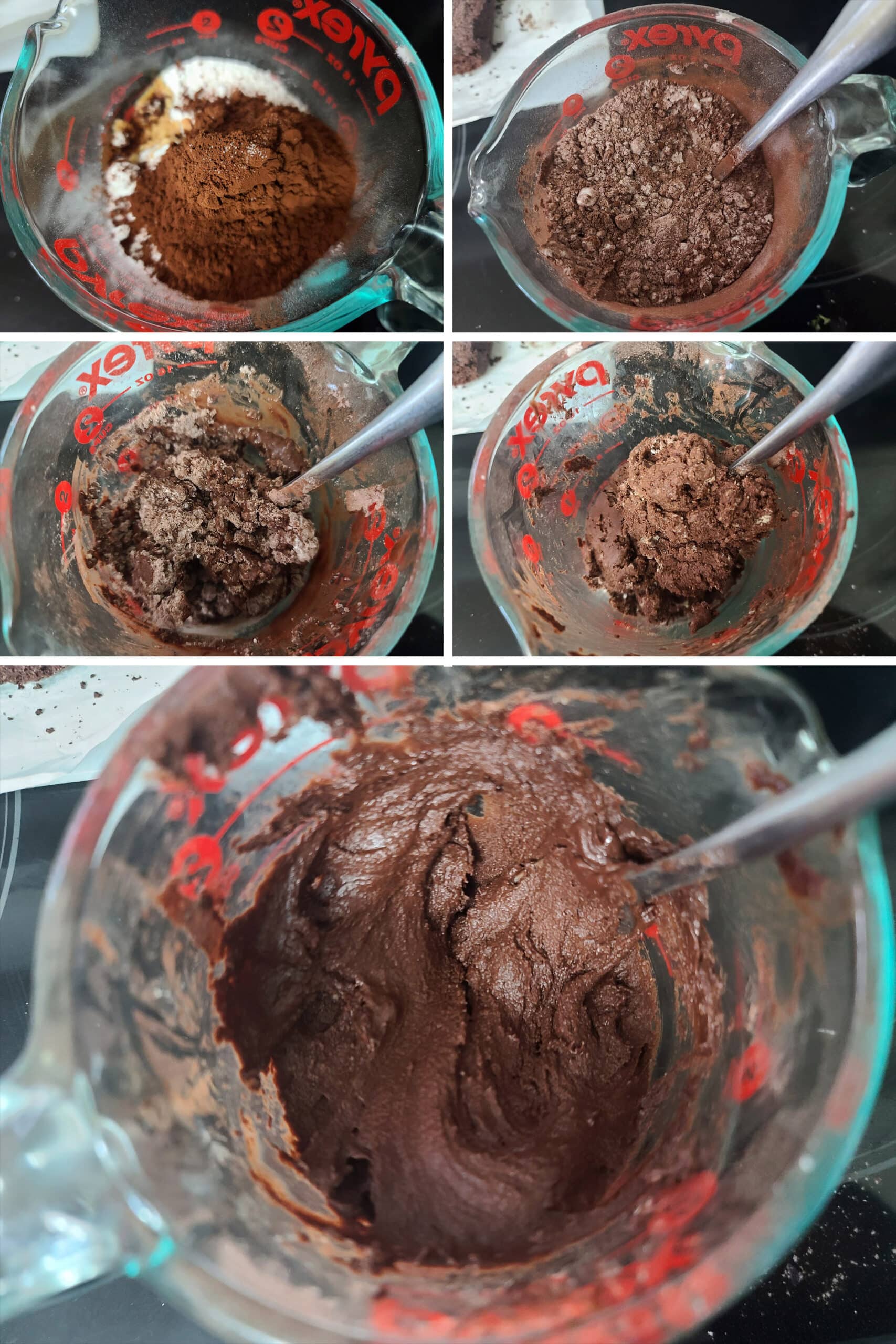 A 5 part image showing the keto chocolate frosting being mixed in a glass measuring cup.